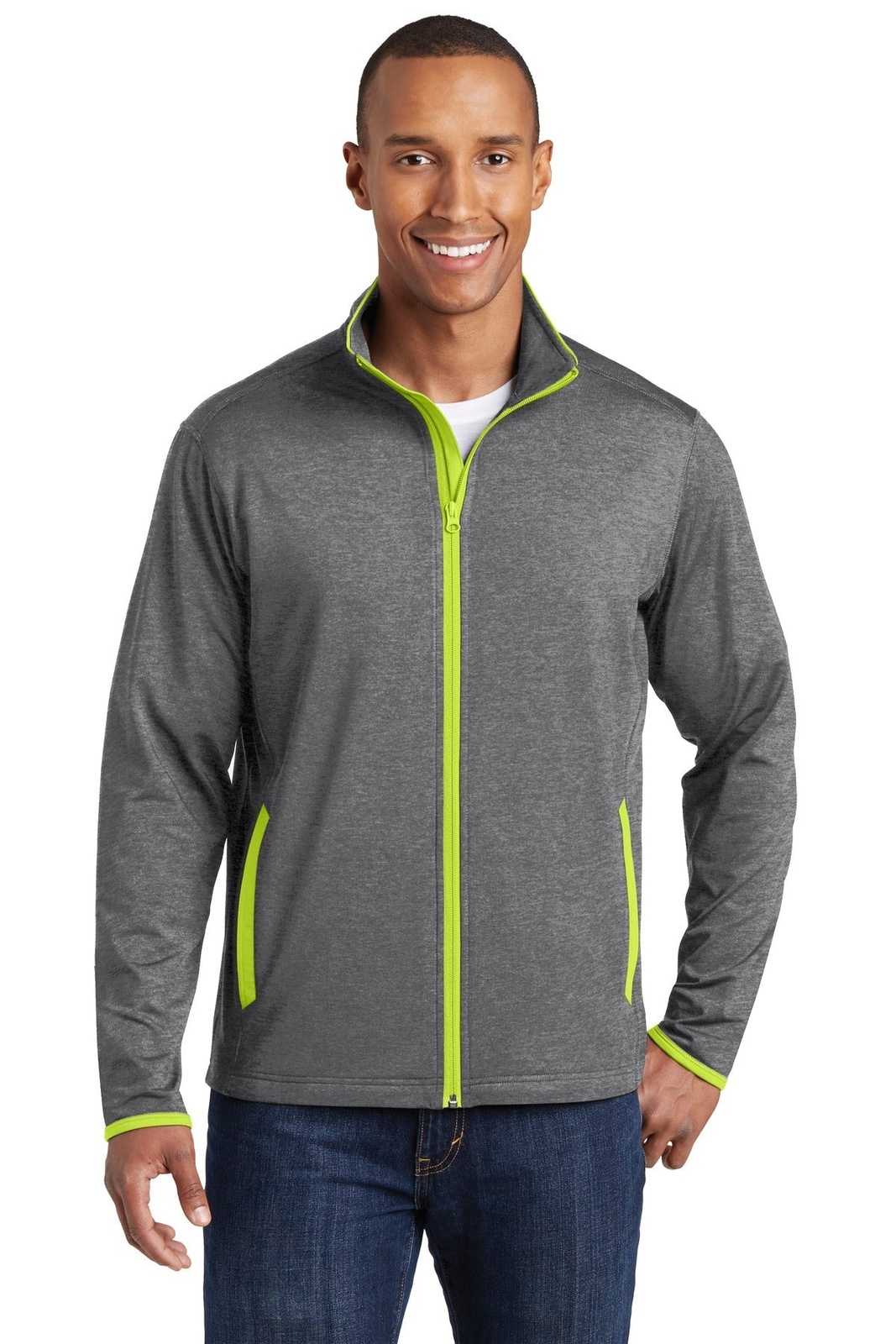 Sport-Tek ST853 Sport-Wick Stretch Contrast Full-Zip Jacket - Charcoal Gray Heather Charge Green - HIT a Double - 1