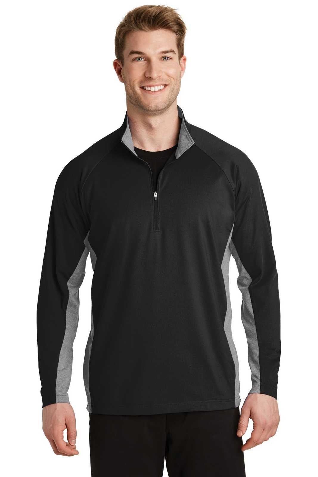 Sport-Tek ST854 Sport-Wick Stretch Contrast 1/2-Zip Pullover - Black Charcoal Gray Heather - HIT a Double - 1