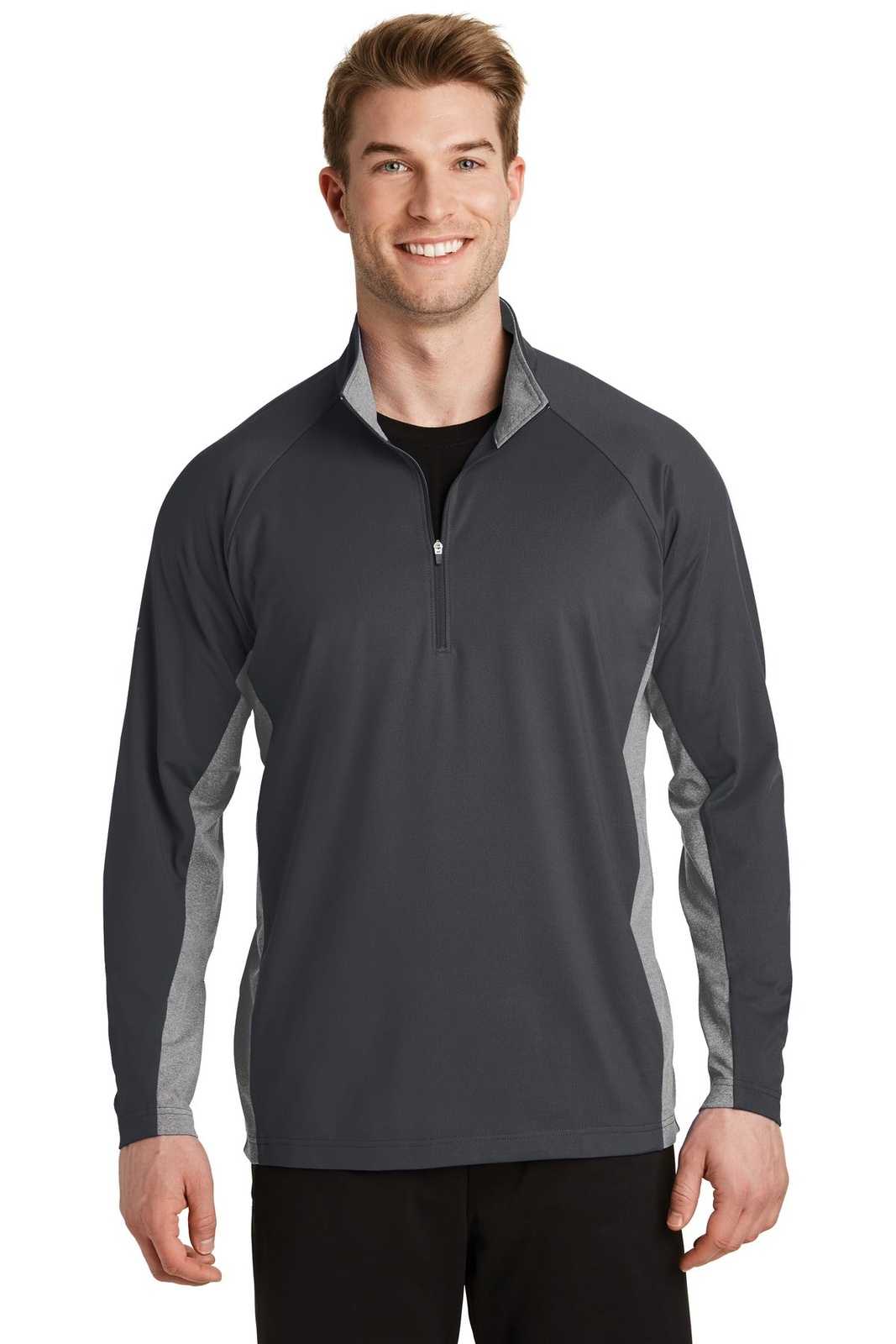 Sport-Tek ST854 Sport-Wick Stretch Contrast 1/2-Zip Pullover - Charcoal Gray Charcoal Gray Heather - HIT a Double - 1
