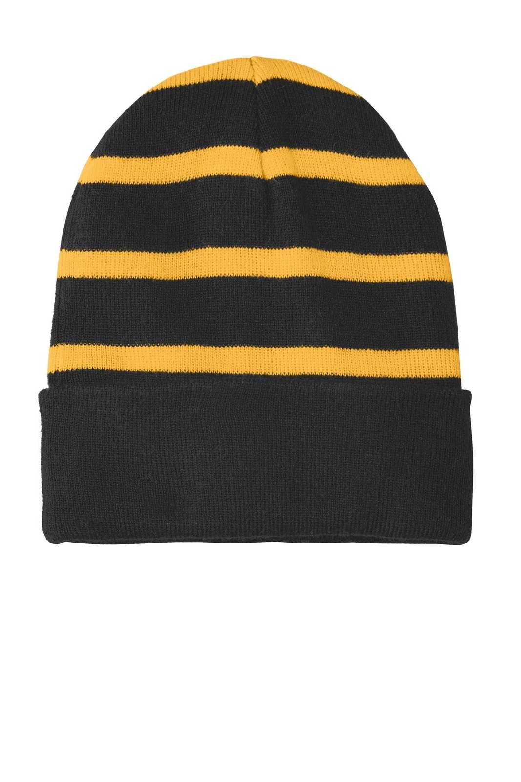 Sport-Tek STC31 Striped Beanie with Solid Band - Black Gold - HIT a Double - 1