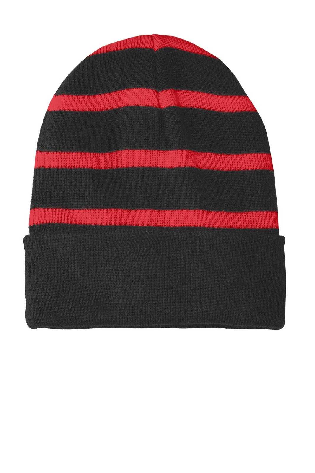 Sport-Tek STC31 Striped Beanie with Solid Band - Black True Red - HIT a Double - 1