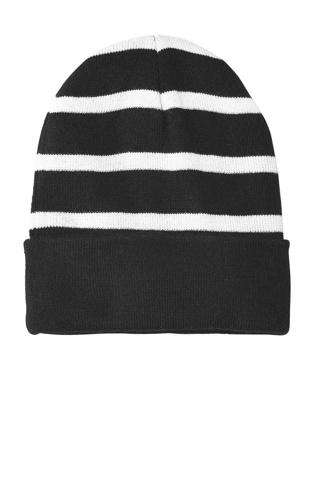 Sport-Tek STC31 Striped Beanie with Solid Band - Black White - HIT a Double - 1