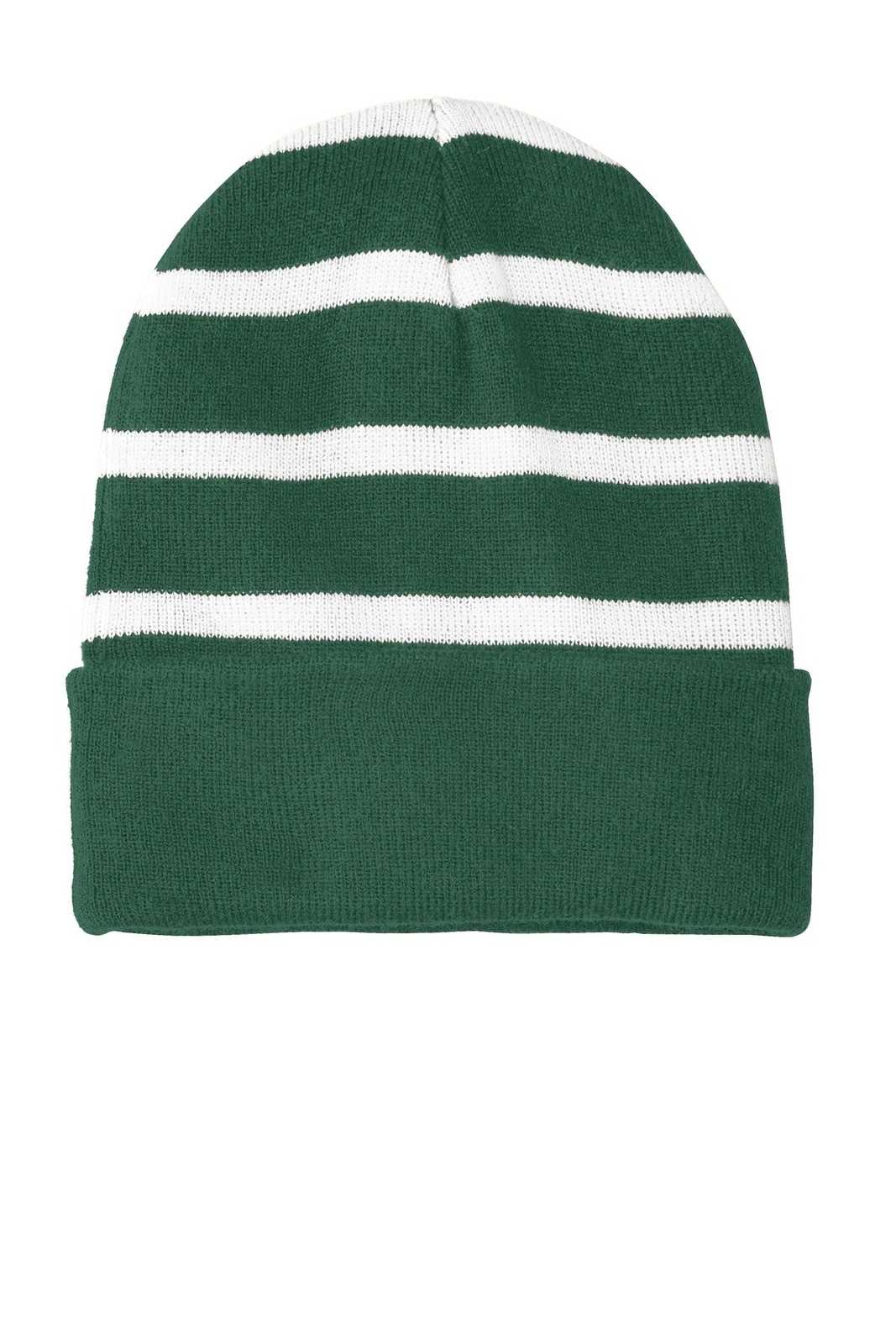 Sport-Tek STC31 Striped Beanie with Solid Band - Forest Green White - HIT a Double - 1