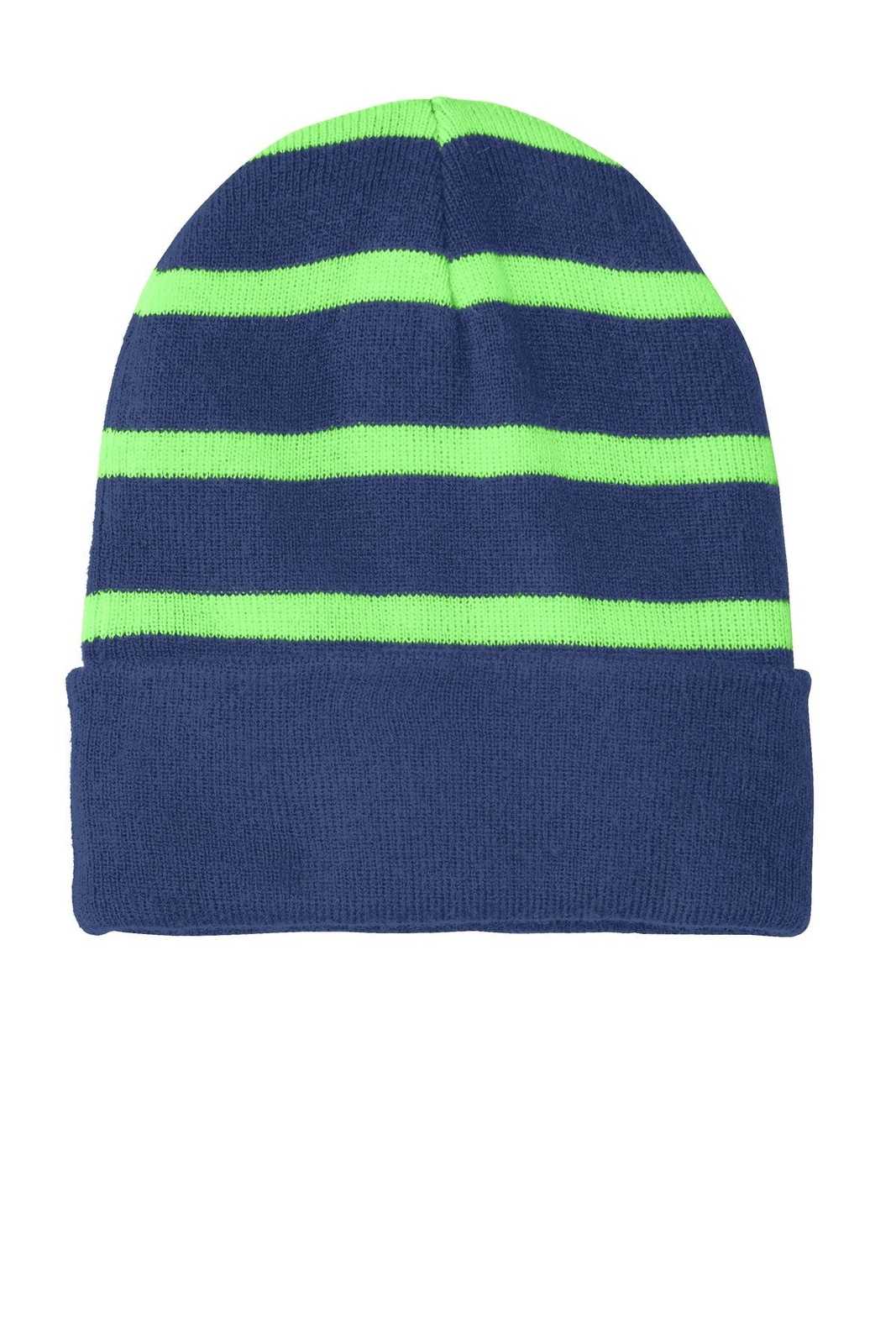 Sport-Tek STC31 Striped Beanie with Solid Band - Team Navy Flash Green - HIT a Double - 1