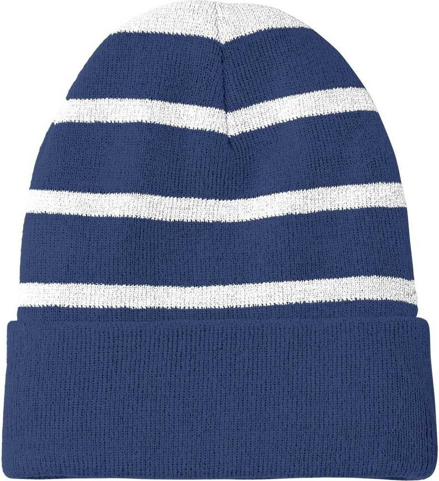 Sport-Tek STC31 Striped Beanie with Solid Band - Team Navy Silver - HIT a Double - 1