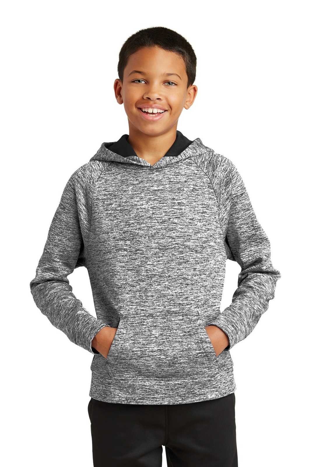 Sport-Tek YST225 Youth PosiCharge Electric Heather Fleece Hooded Pullover - Black Electric - HIT a Double - 1