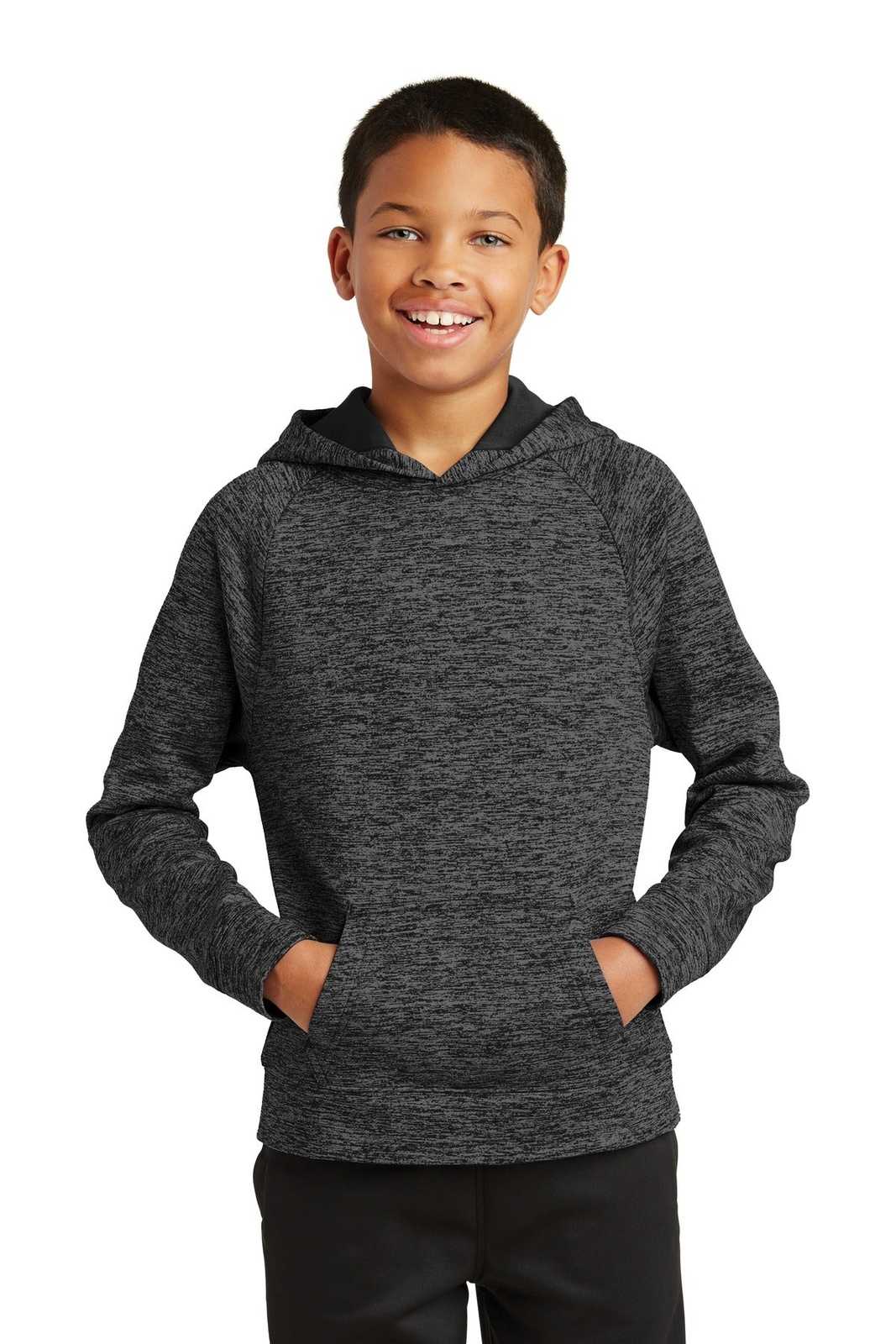 Sport-Tek YST225 Youth PosiCharge Electric Heather Fleece Hooded Pullover - Gray-Black Electric - HIT a Double - 1