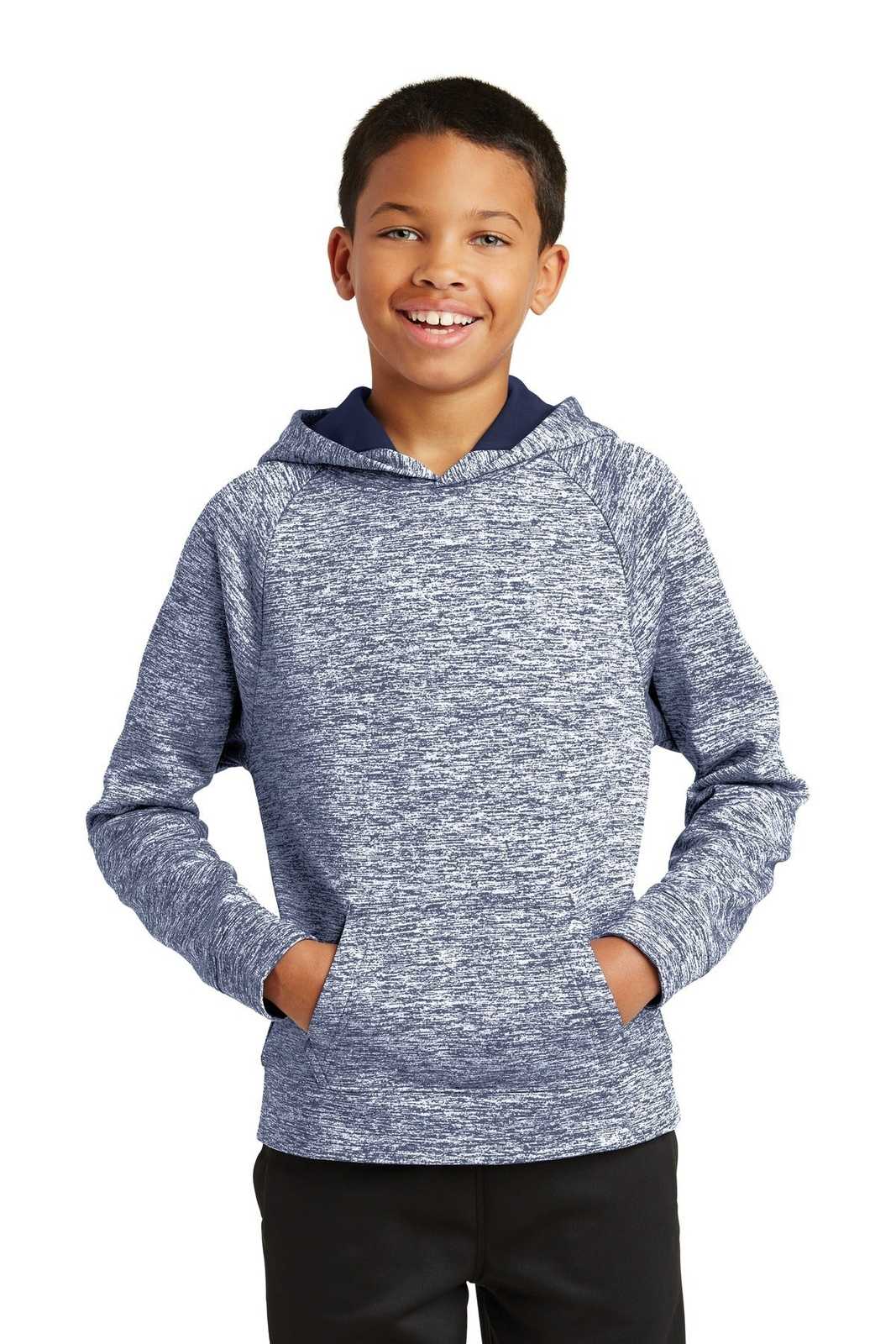 Sport-Tek YST225 Youth PosiCharge Electric Heather Fleece Hooded Pullover - True Navy Electric - HIT a Double - 1
