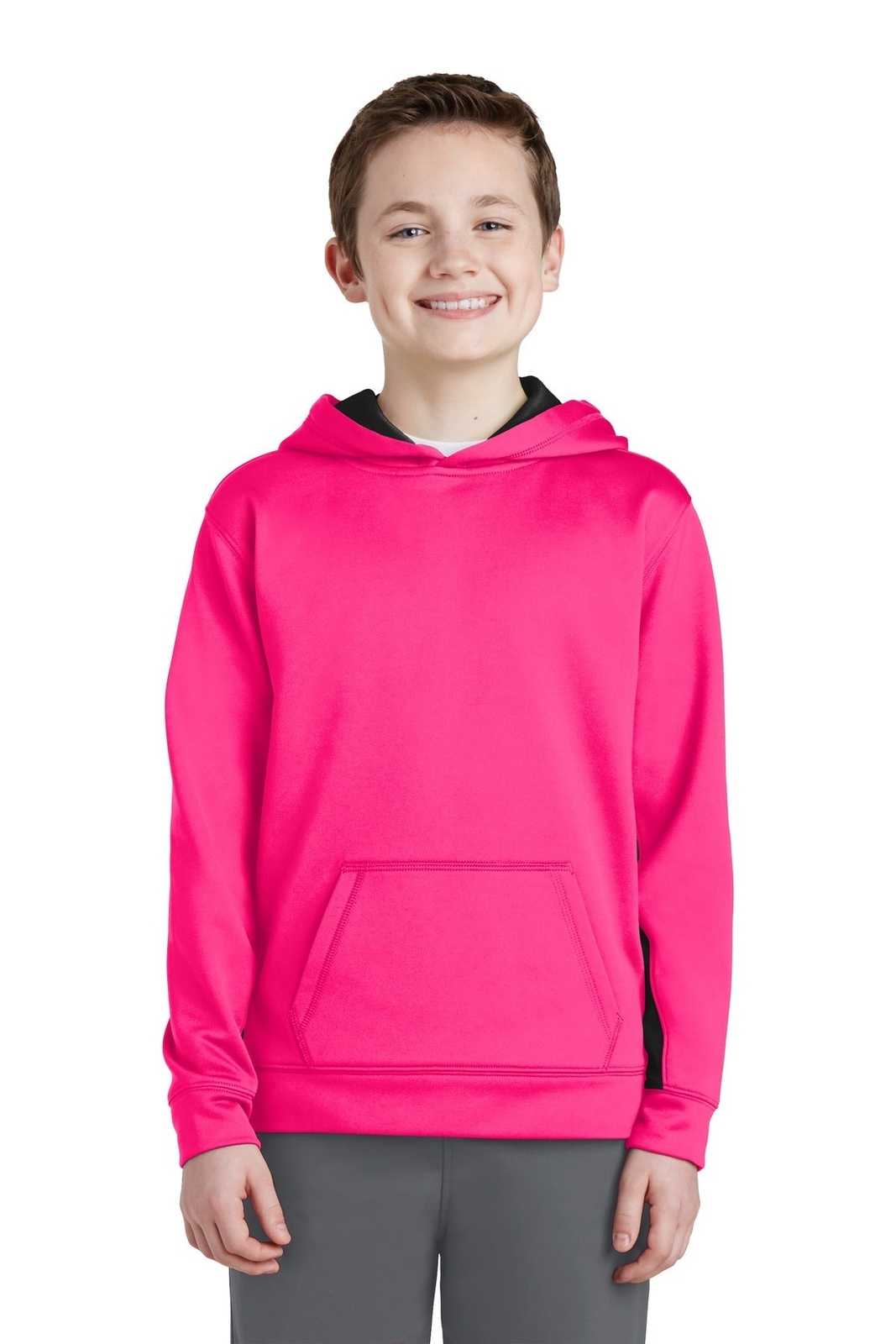 Sport-Tek YST235 Youth Sport-Wick Fleece Colorblock Hooded Pullover - Neon Pink Black - HIT a Double - 1