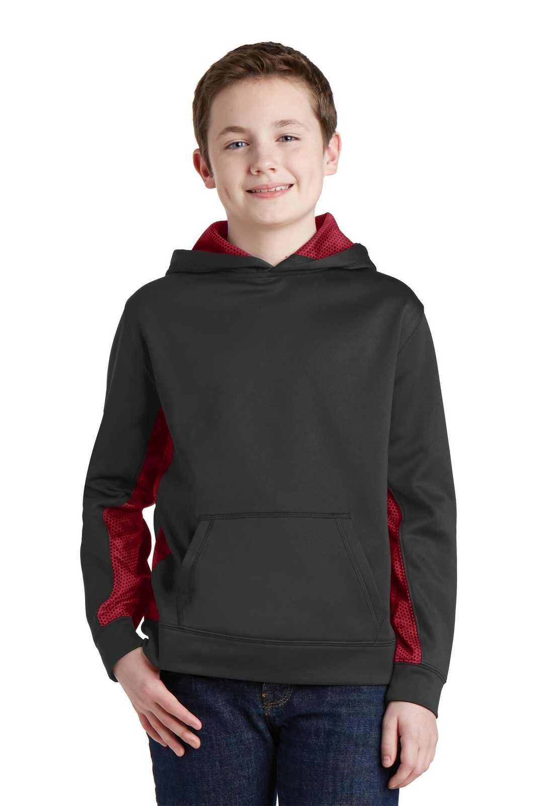 Sport-Tek YST239 Youth Sport-Wick CamoHex Fleece Colorblock Hooded Pullover - Black Deep Red - HIT a Double - 1