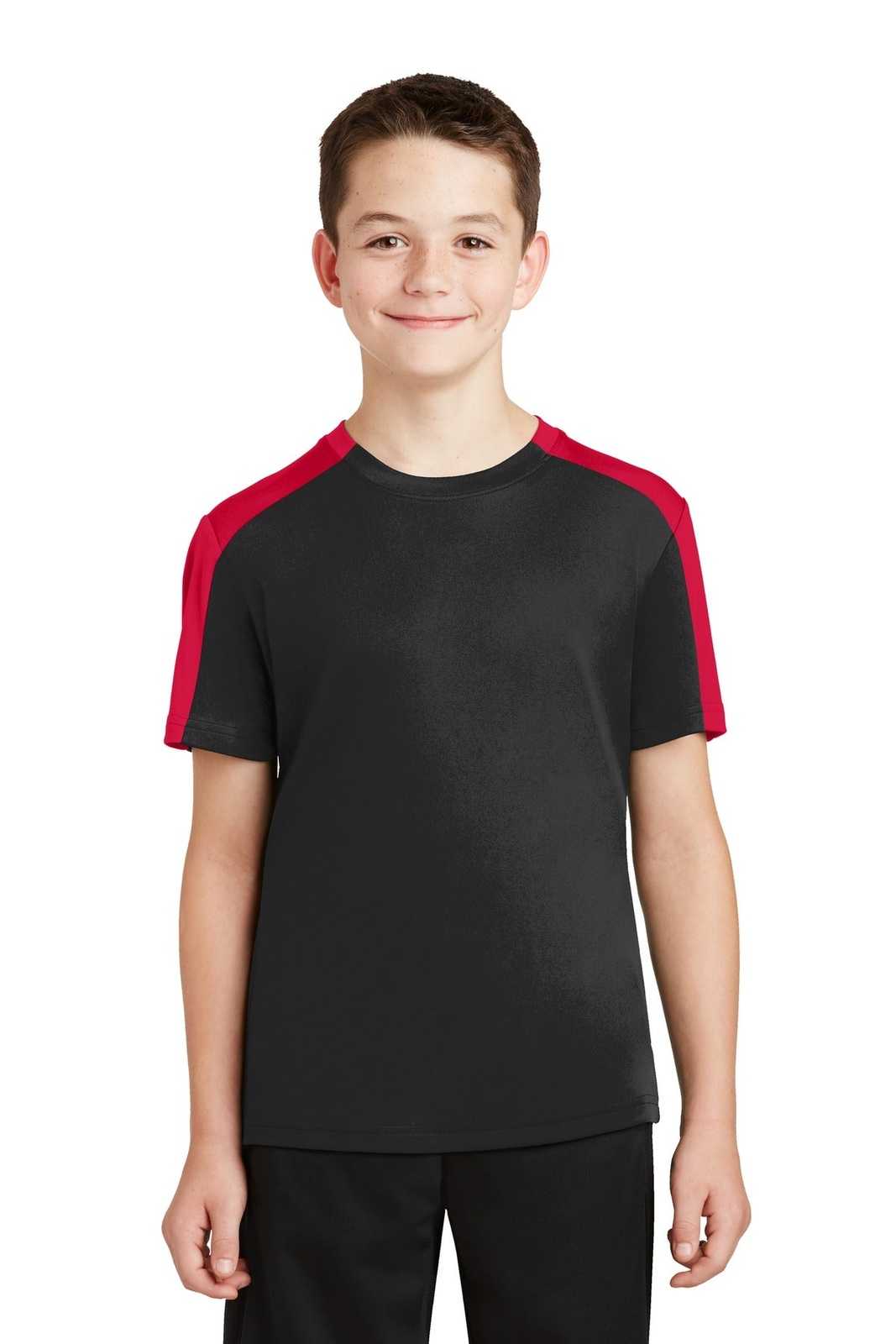 Sport-Tek YST354 Youth PosiCharge Competitor Sleeve-Blocked Tee - Black True Red - HIT a Double - 1