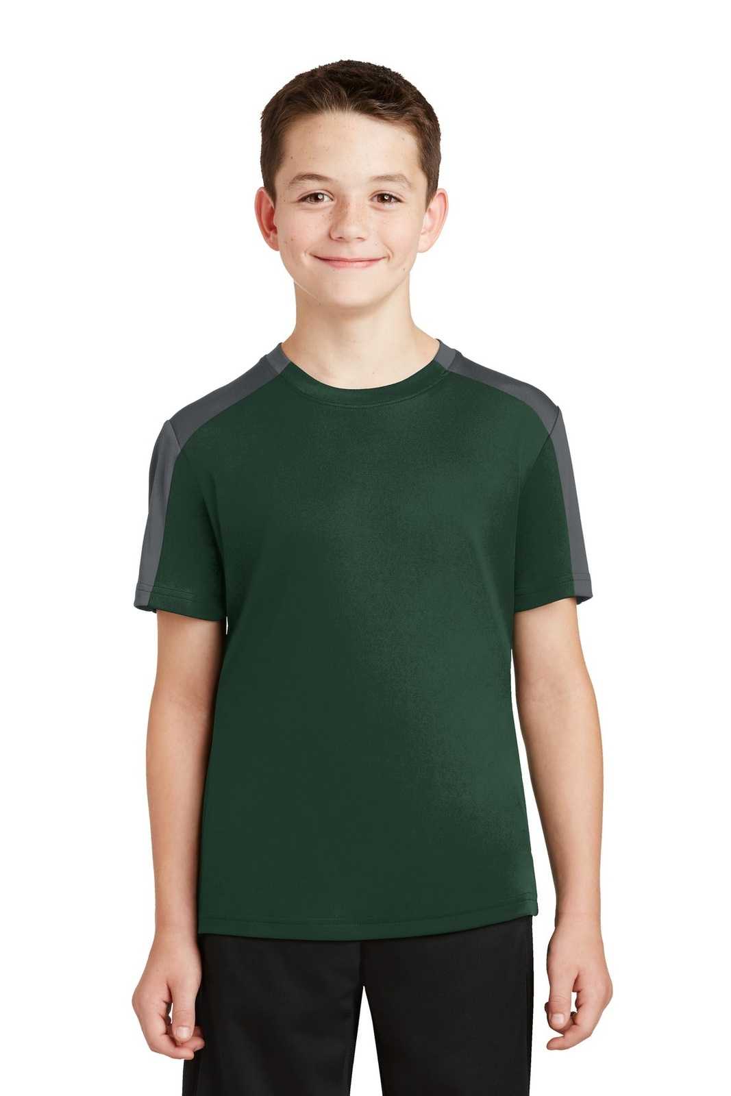 Sport-Tek YST354 Youth PosiCharge Competitor Sleeve-Blocked Tee - Forest Green Iron Gray - HIT a Double - 1