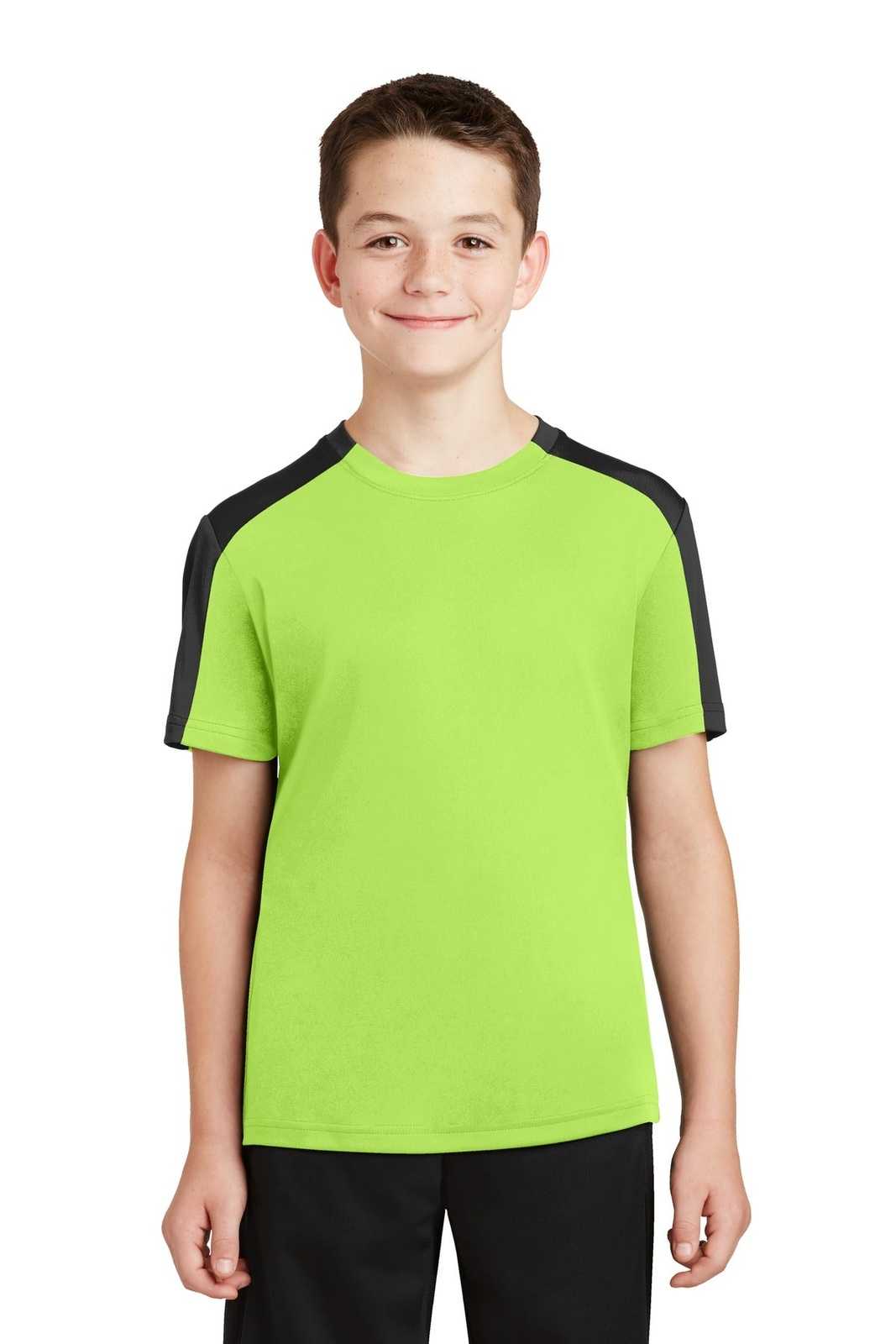 Sport-Tek YST354 Youth PosiCharge Competitor Sleeve-Blocked Tee - Lime Shock Black - HIT a Double - 1