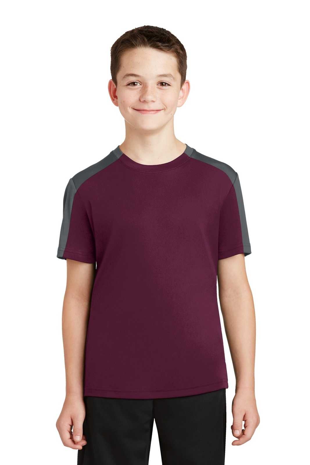 Sport-Tek YST354 Youth PosiCharge Competitor Sleeve-Blocked Tee - Maroon Iron Gray - HIT a Double - 1