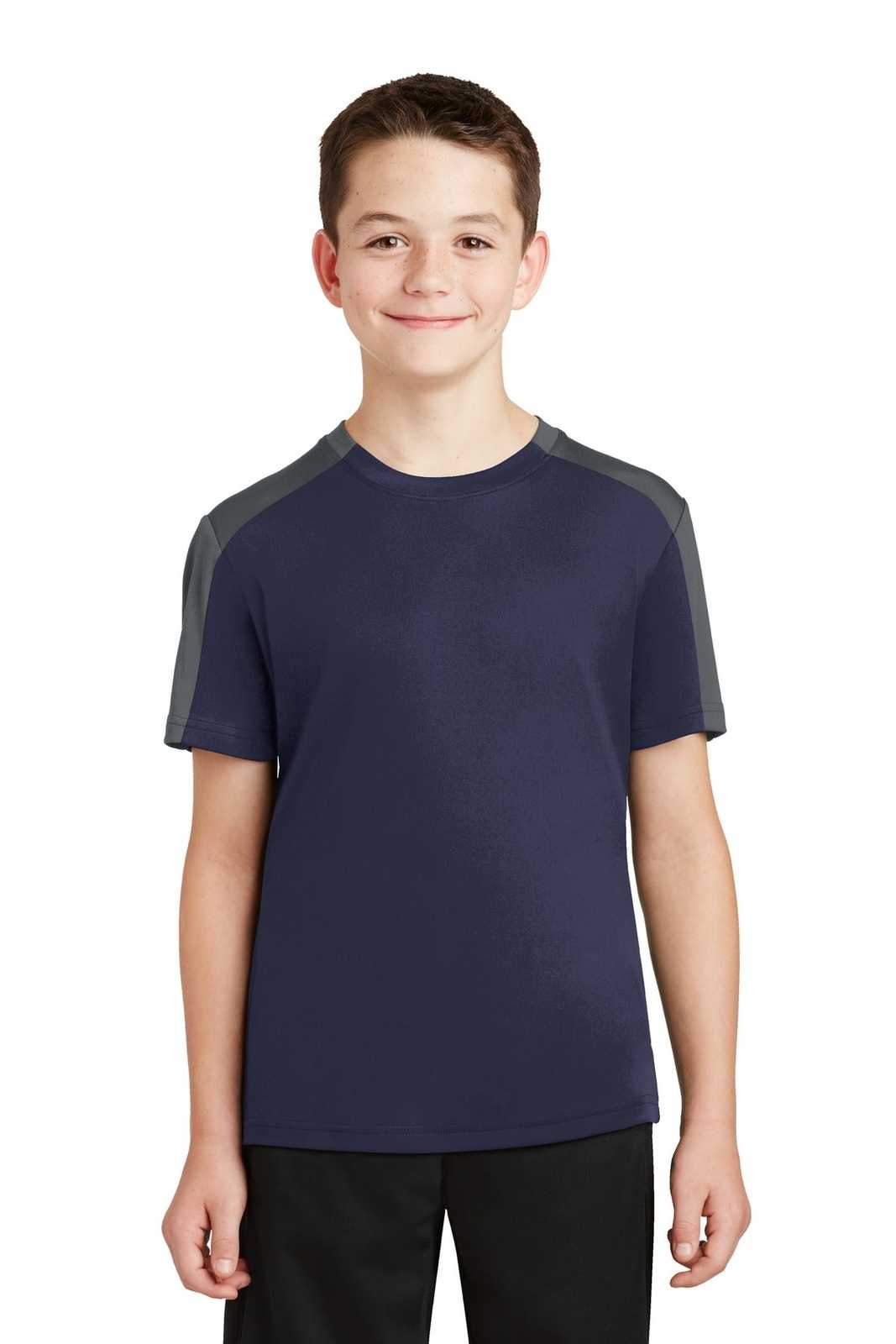 Sport-Tek YST354 Youth PosiCharge Competitor Sleeve-Blocked Tee - True Navy Iron Gray - HIT a Double - 1