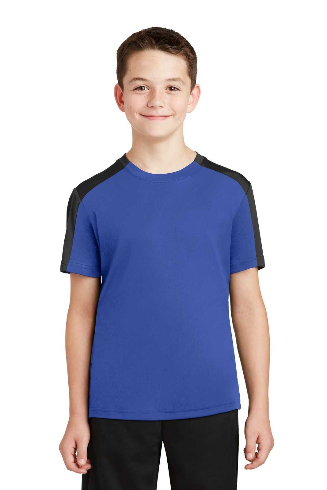 Sport-Tek YST354 Youth PosiCharge Competitor Sleeve-Blocked Tee - True Royal Black - HIT a Double - 1