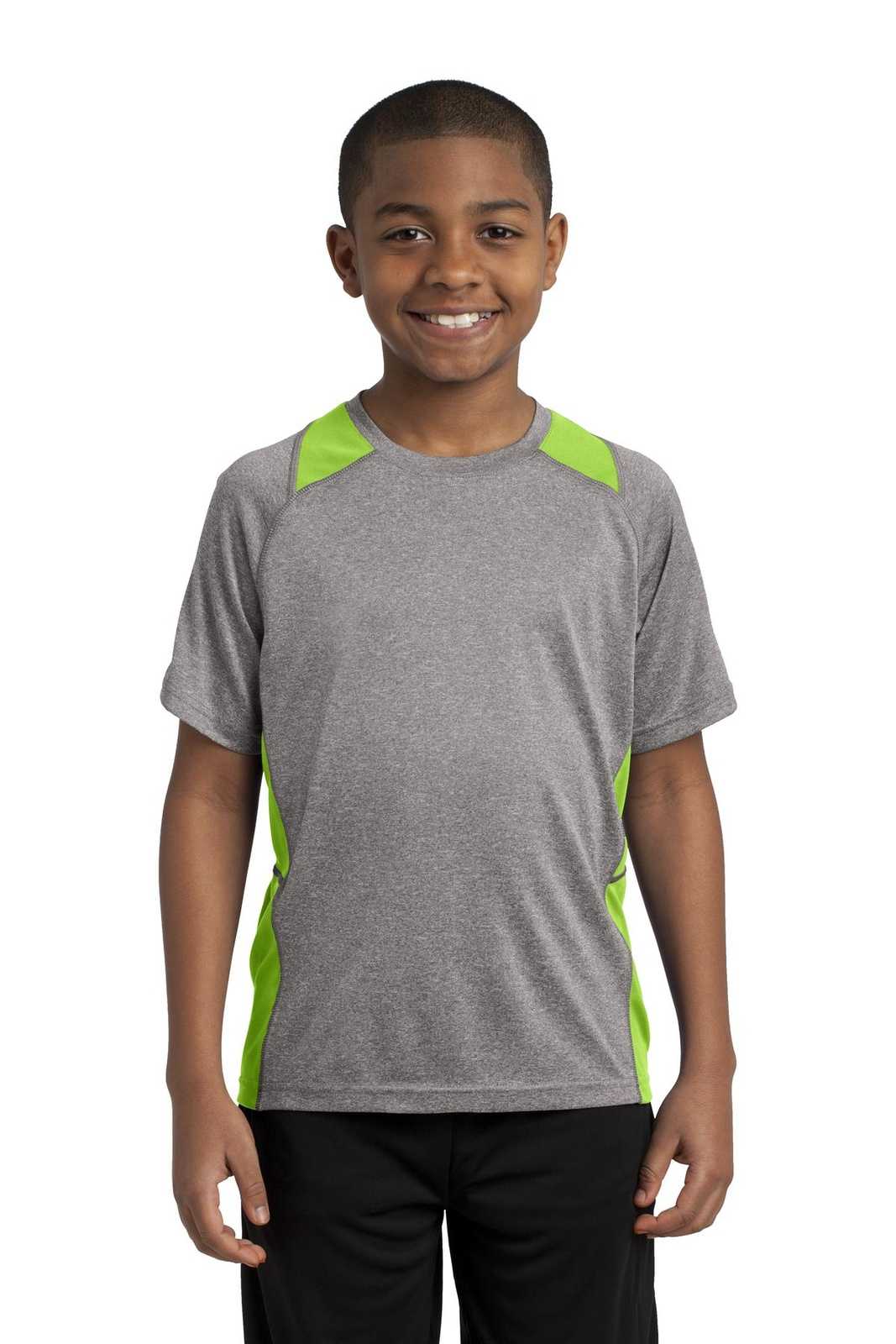 Sport-Tek YST361 Youth Heather Colorblock Contender Tee - Vintage Heather Lime Shock - HIT a Double - 1