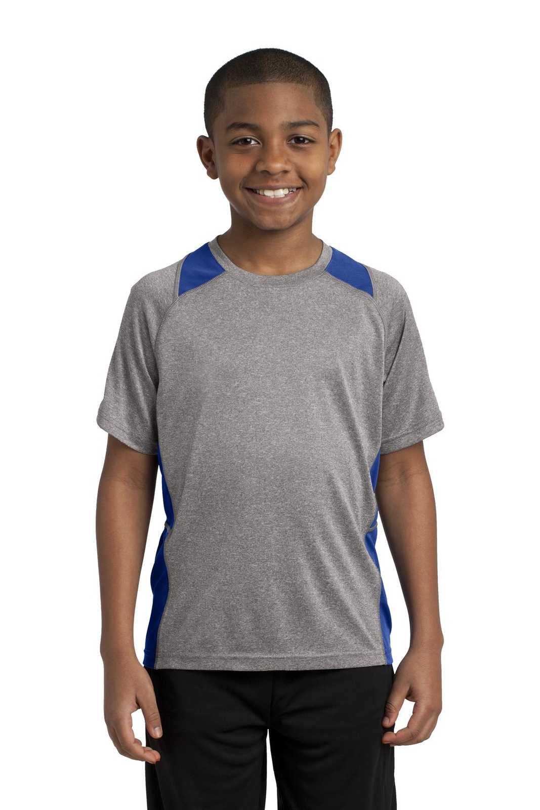 Sport-Tek YST361 Youth Heather Colorblock Contender Tee - Vintage Heather True Royal - HIT a Double - 1
