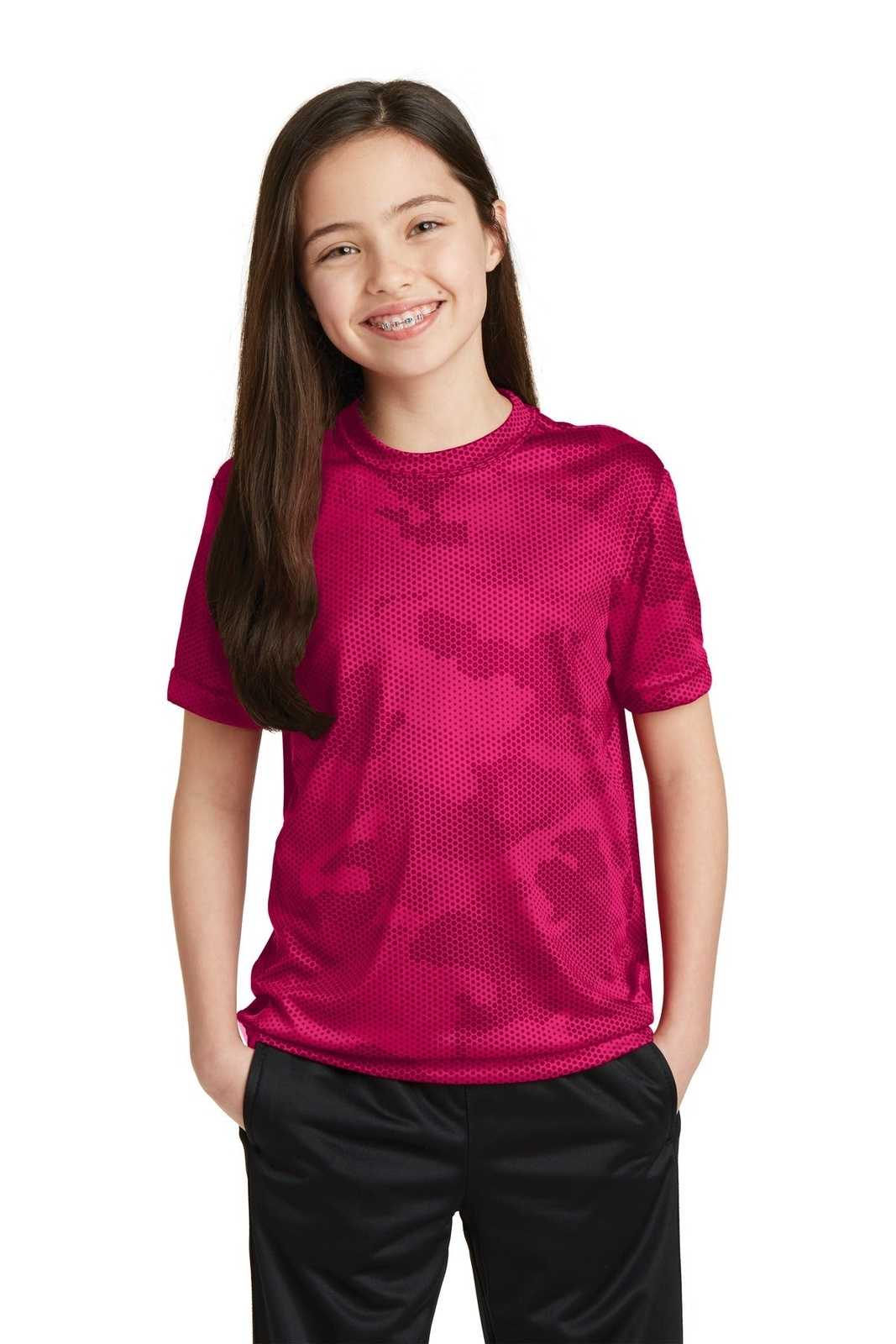 Sport-Tek YST370 Youth Camohex Tee - Pink Raspberry - HIT a Double - 1