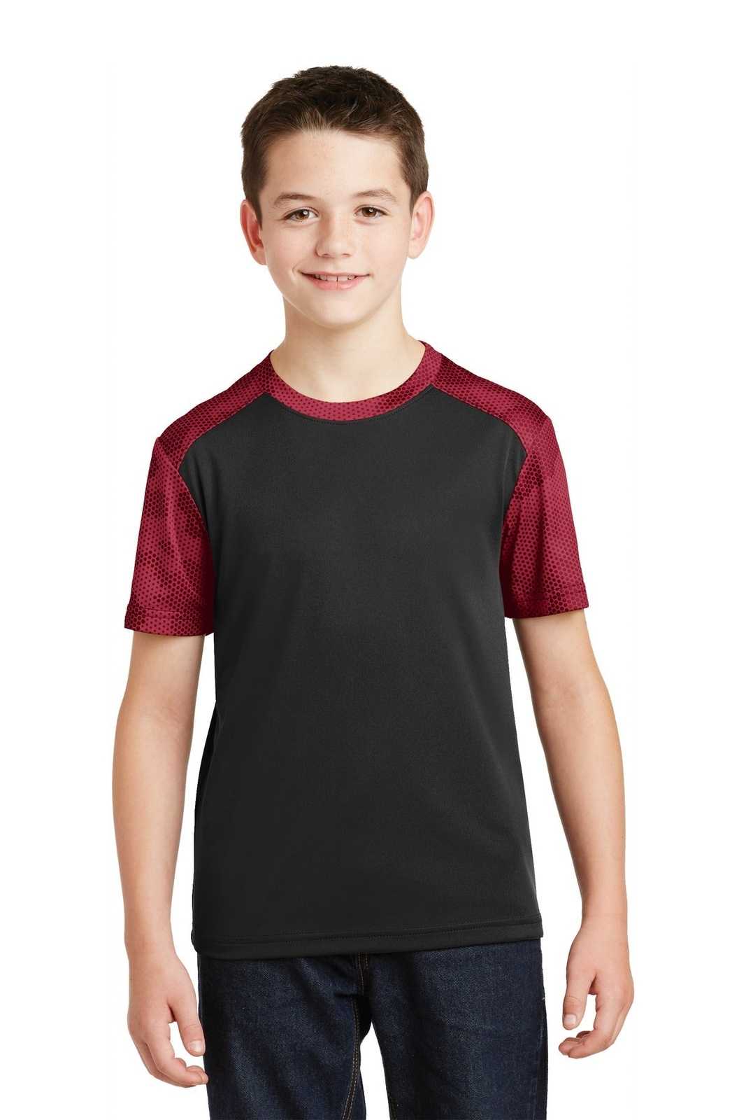 Sport-Tek YST371 Youth CamoHex Colorblock Tee - Black Deep Red - HIT a Double - 1