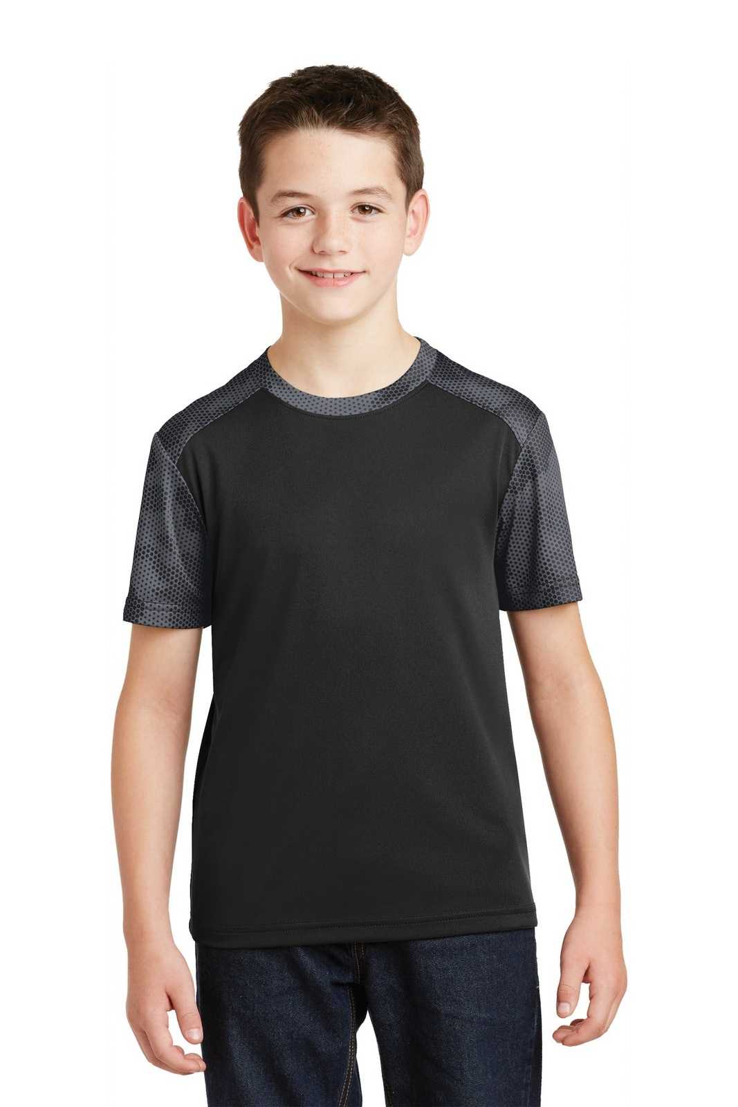 Sport-Tek YST371 Youth CamoHex Colorblock Tee - Black Iron Gray - HIT a Double - 1