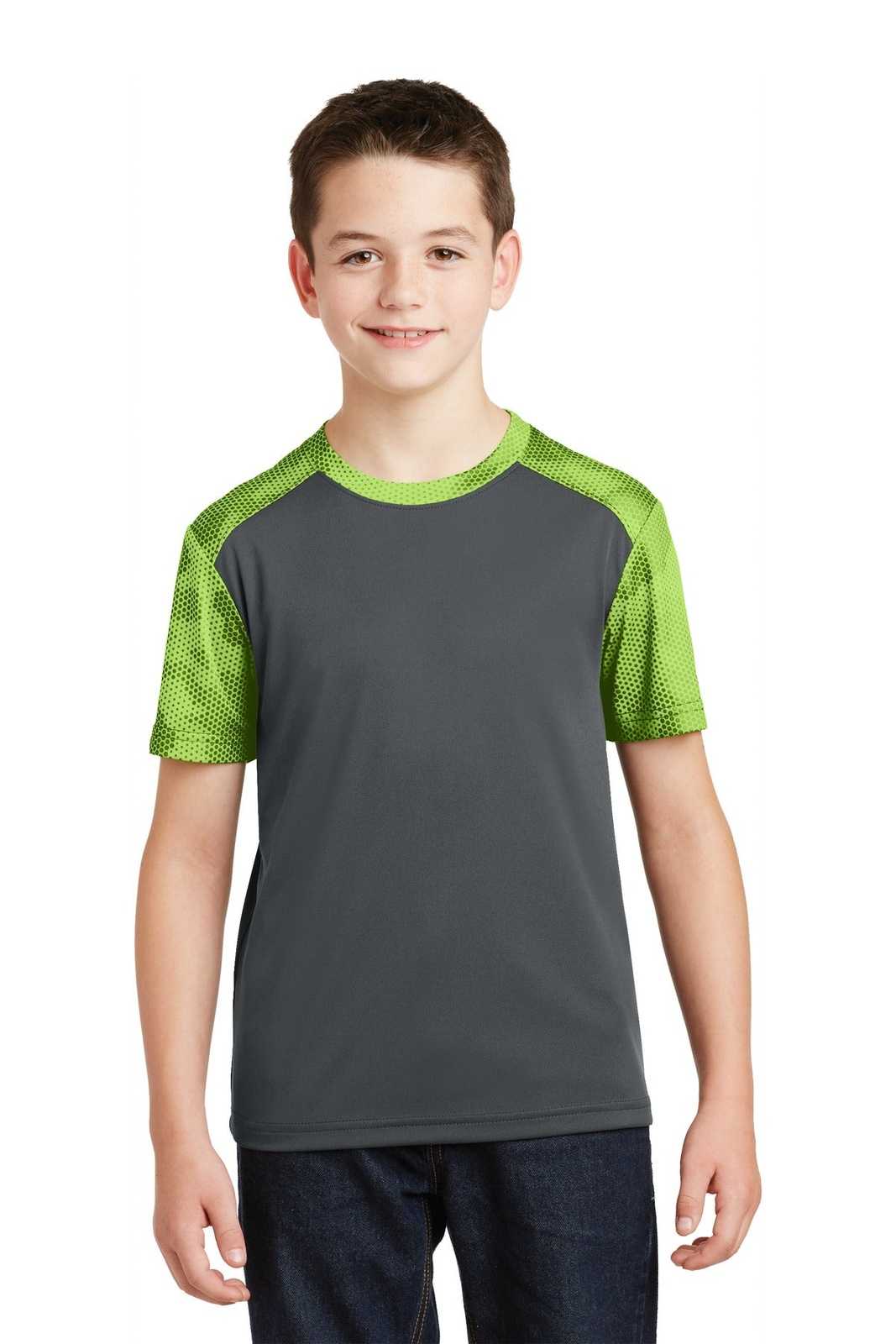 Sport-Tek YST371 Youth CamoHex Colorblock Tee - Iron Gray Lime Shock - HIT a Double - 1