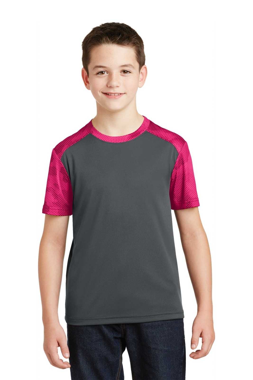 Sport-Tek YST371 Youth CamoHex Colorblock Tee - Iron Gray Pink Raspberry - HIT a Double - 1