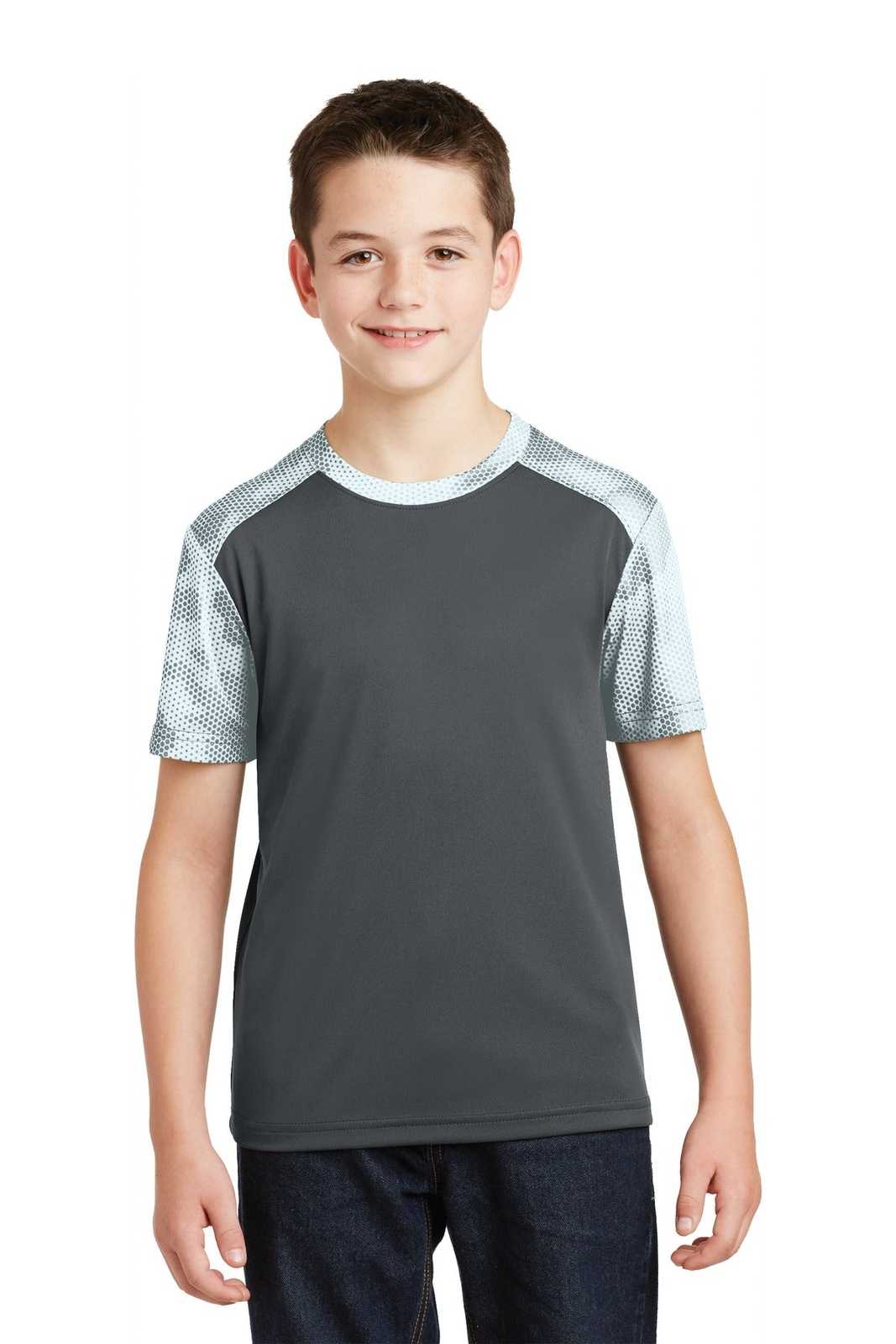 Sport-Tek YST371 Youth CamoHex Colorblock Tee - Iron Gray White - HIT a Double - 1