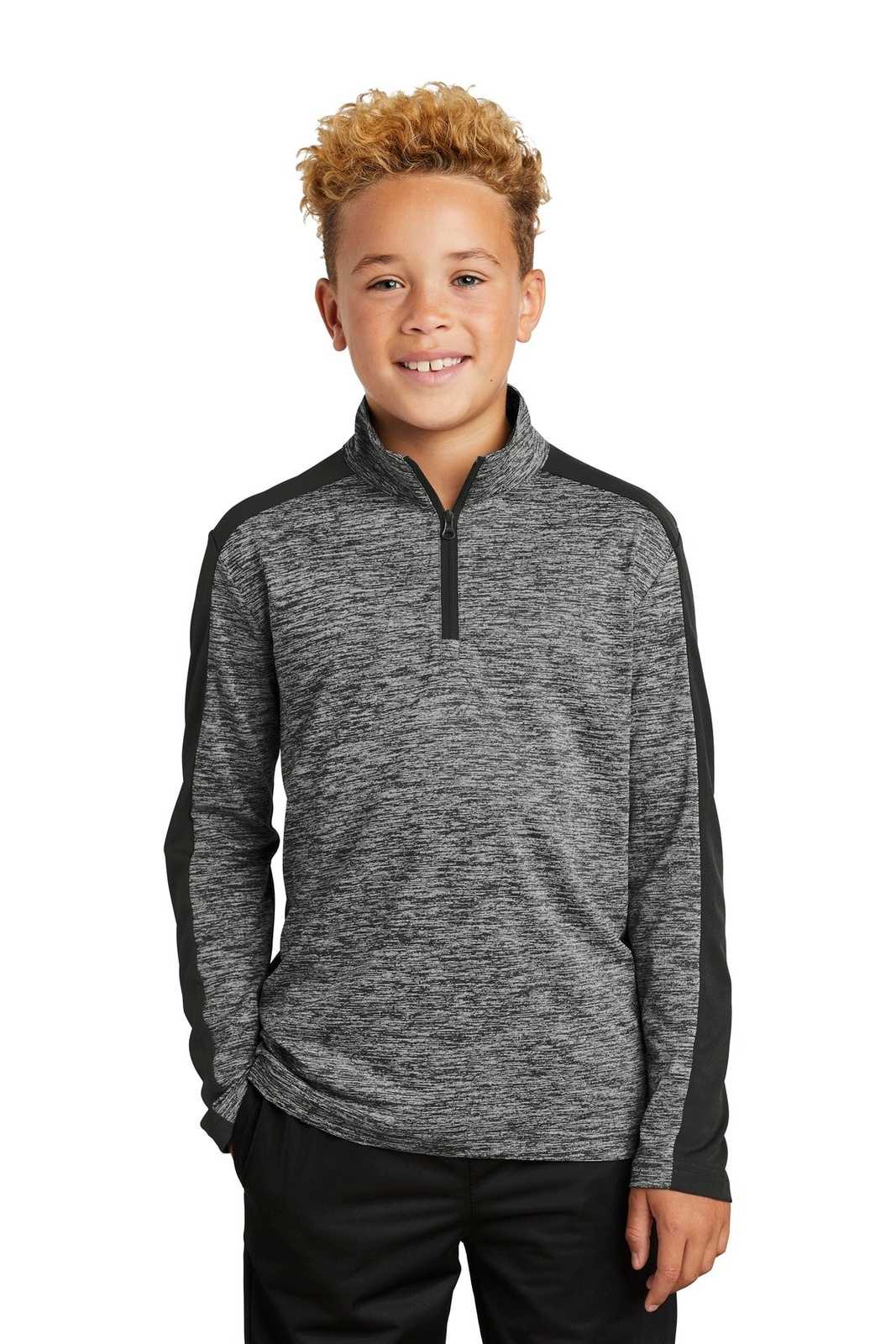 Sport-Tek YST397 Youth PosiCharge Electric Heather Colorblock 1/4-Zip Pullover - Black Electric Black - HIT a Double - 1