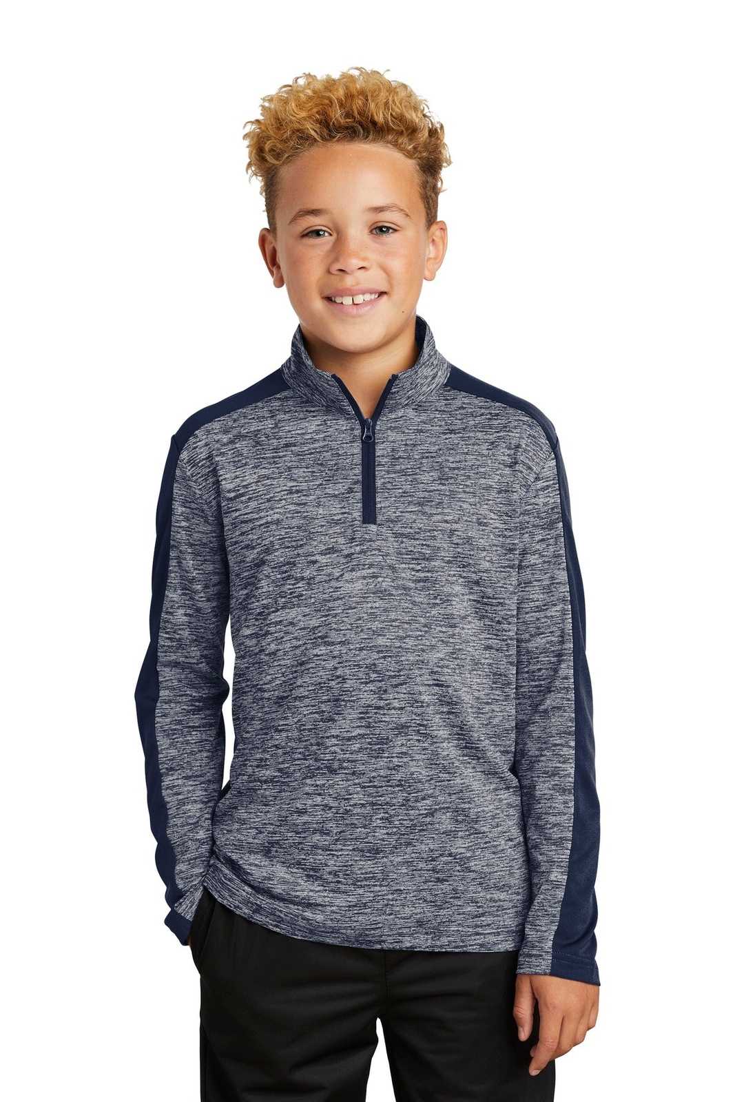 Sport-Tek YST397 Youth PosiCharge Electric Heather Colorblock 1/4-Zip Pullover - True Navy Electric True Navy - HIT a Double - 1