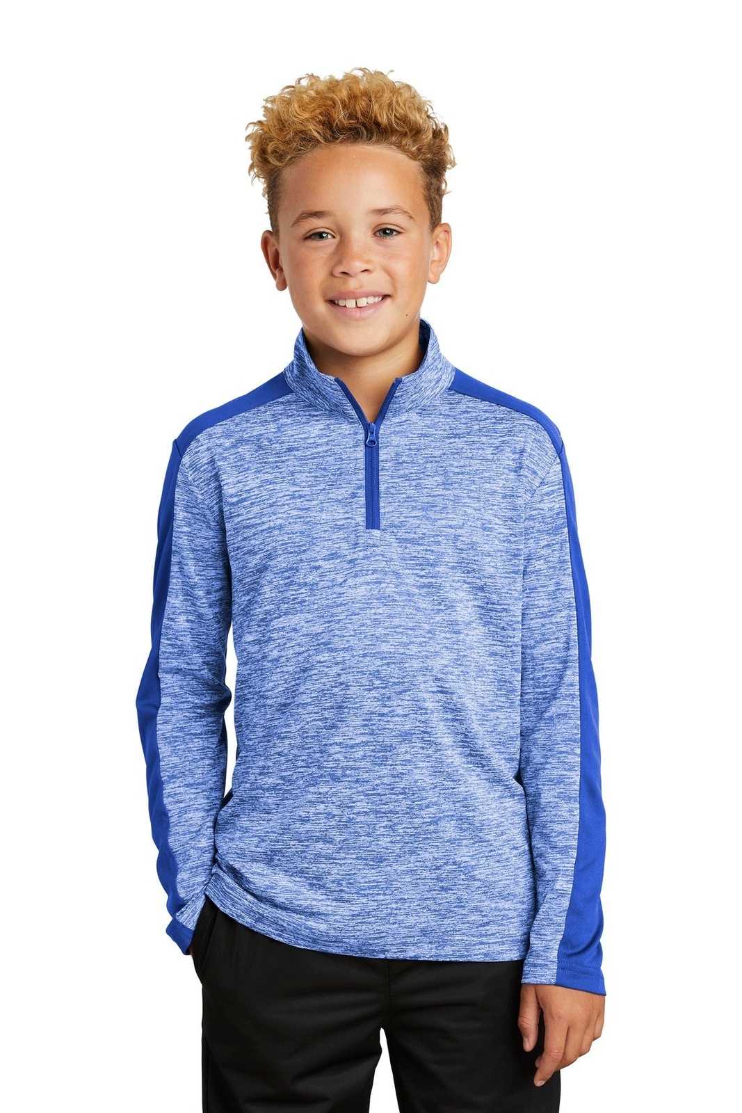Sport-Tek YST397 Youth PosiCharge Electric Heather Colorblock 1/4-Zip Pullover - True Royal Electric True Royal - HIT a Double - 1