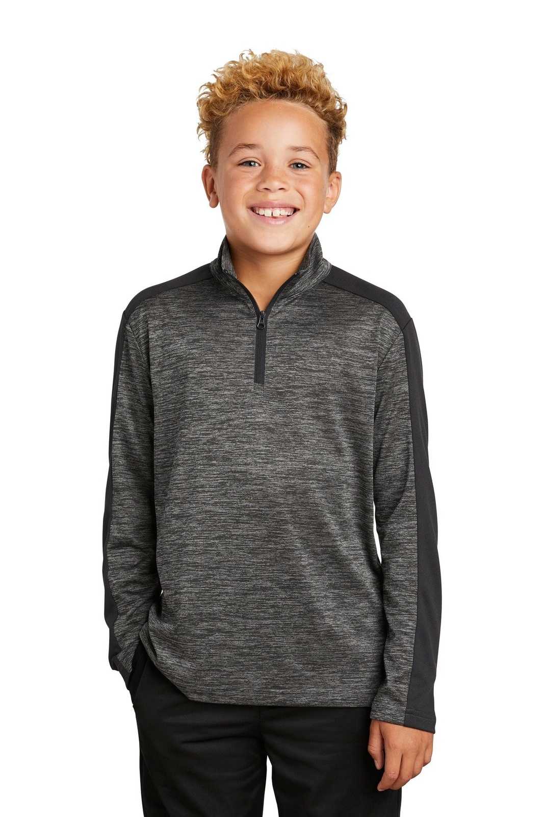 Sport-Tek YST397 Youth PosiCharge Electric Heather Colorblock 1/4-Zip Pullover - Gray-Black Electric Black - HIT a Double - 1