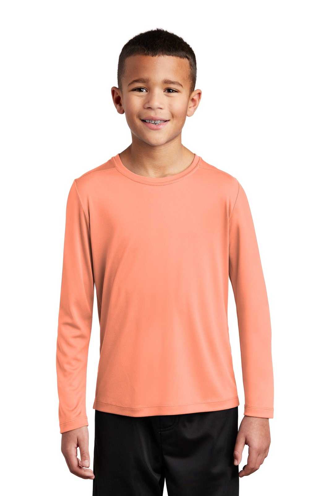 Sport-Tek YST420LS Youth Posi-UV Pro Long Sleeve Tee - Soft Coral - HIT a Double - 1