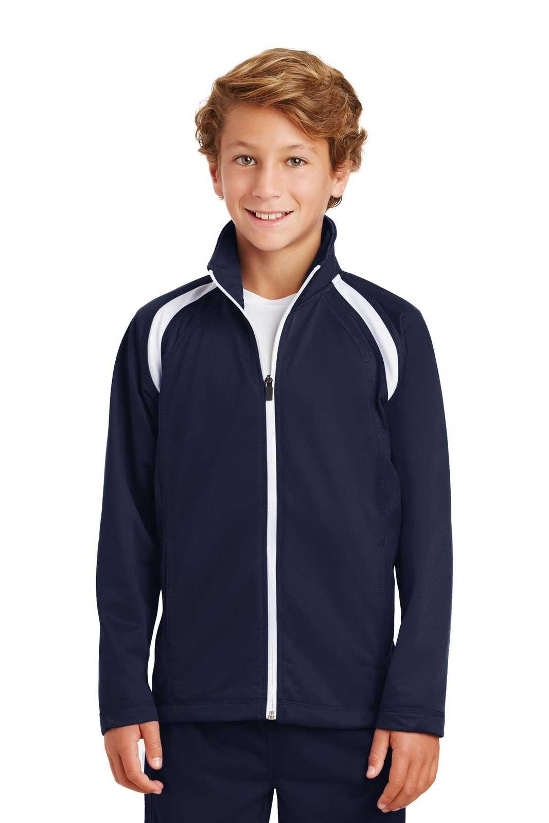 Sport-Tek YST90 Youth Tricot Track Jacket - True Navy White - HIT a Double - 1