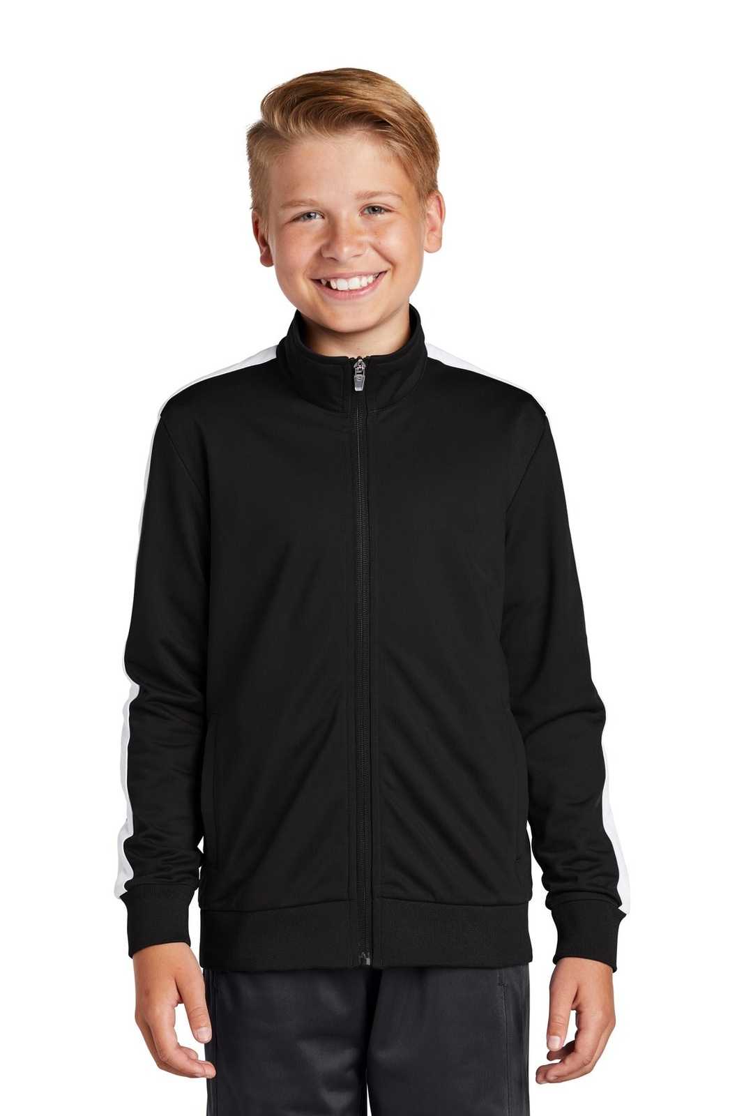 Sport-Tek YST94 Youth Tricot Track Jacket - Black White - HIT a Double - 1