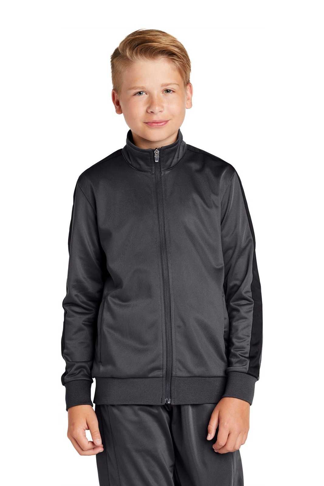Sport-Tek YST94 Youth Tricot Track Jacket - Graphite Gray Black - HIT a Double - 1