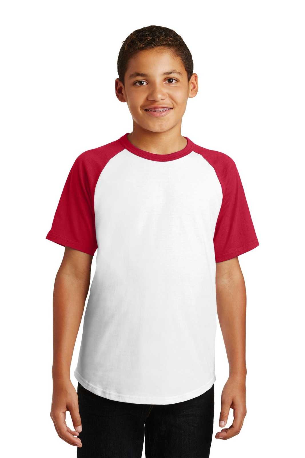 Sport-Tek YT201 Youth Short Sleeve Colorblock Raglan Jersey - White Red - HIT a Double - 1