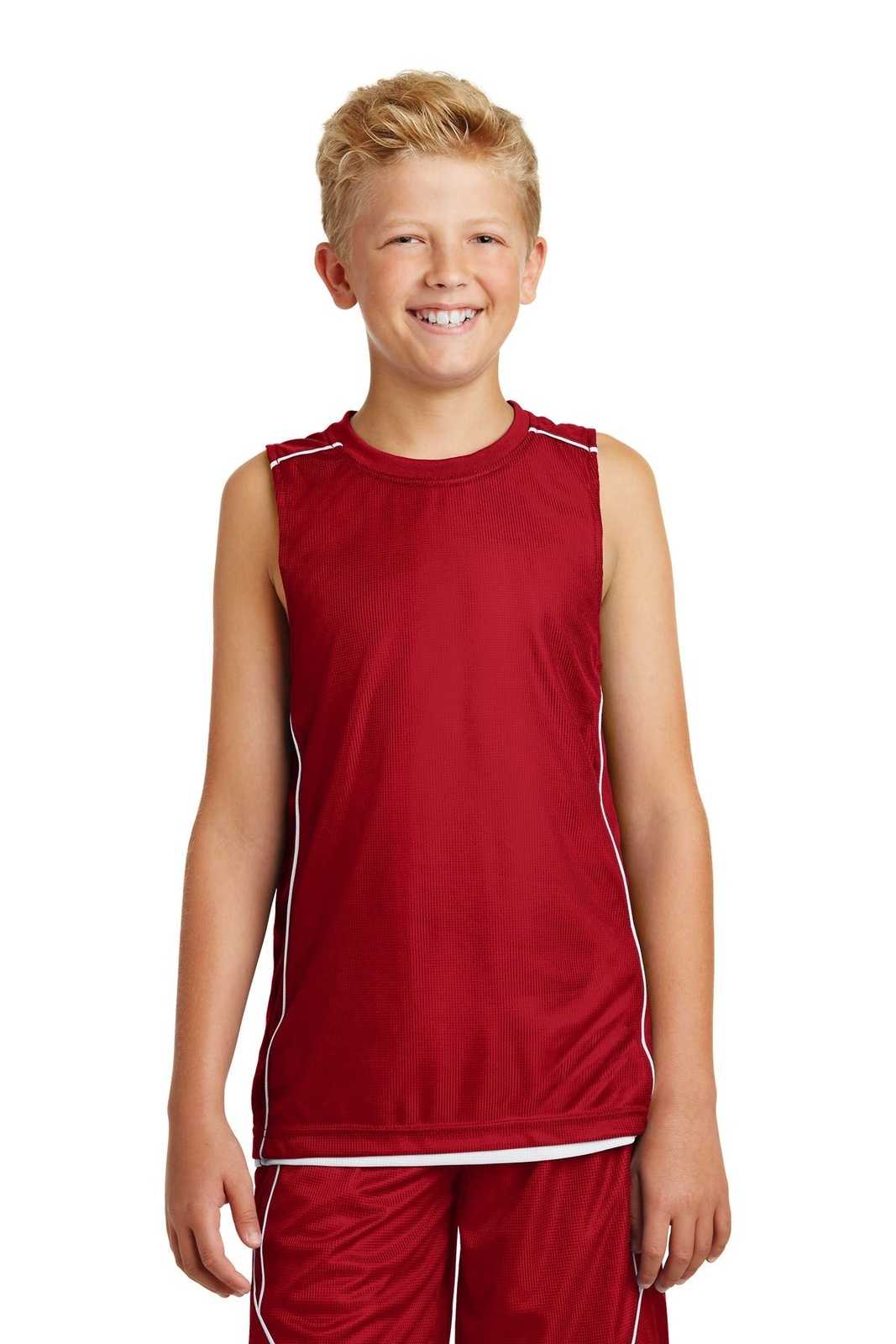Sport-Tek YT555 Youth PosiCharge Mesh Reversible Sleeveless Tee - True Red - HIT a Double - 1