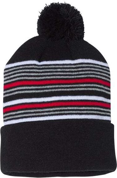 Sportsman SP60 12&quot; Striped Pom-Pom Knit Beanie - Black White Grey Red - HIT a Double