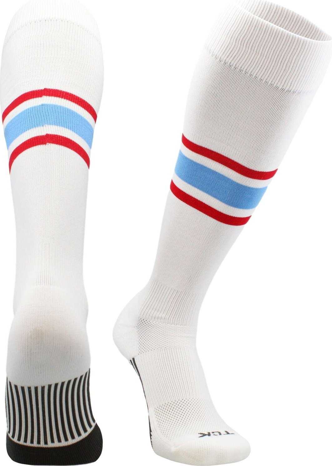 TCK Dugout Knee High Socks - White Scarlet Columbia Blue - HIT a Double - 2