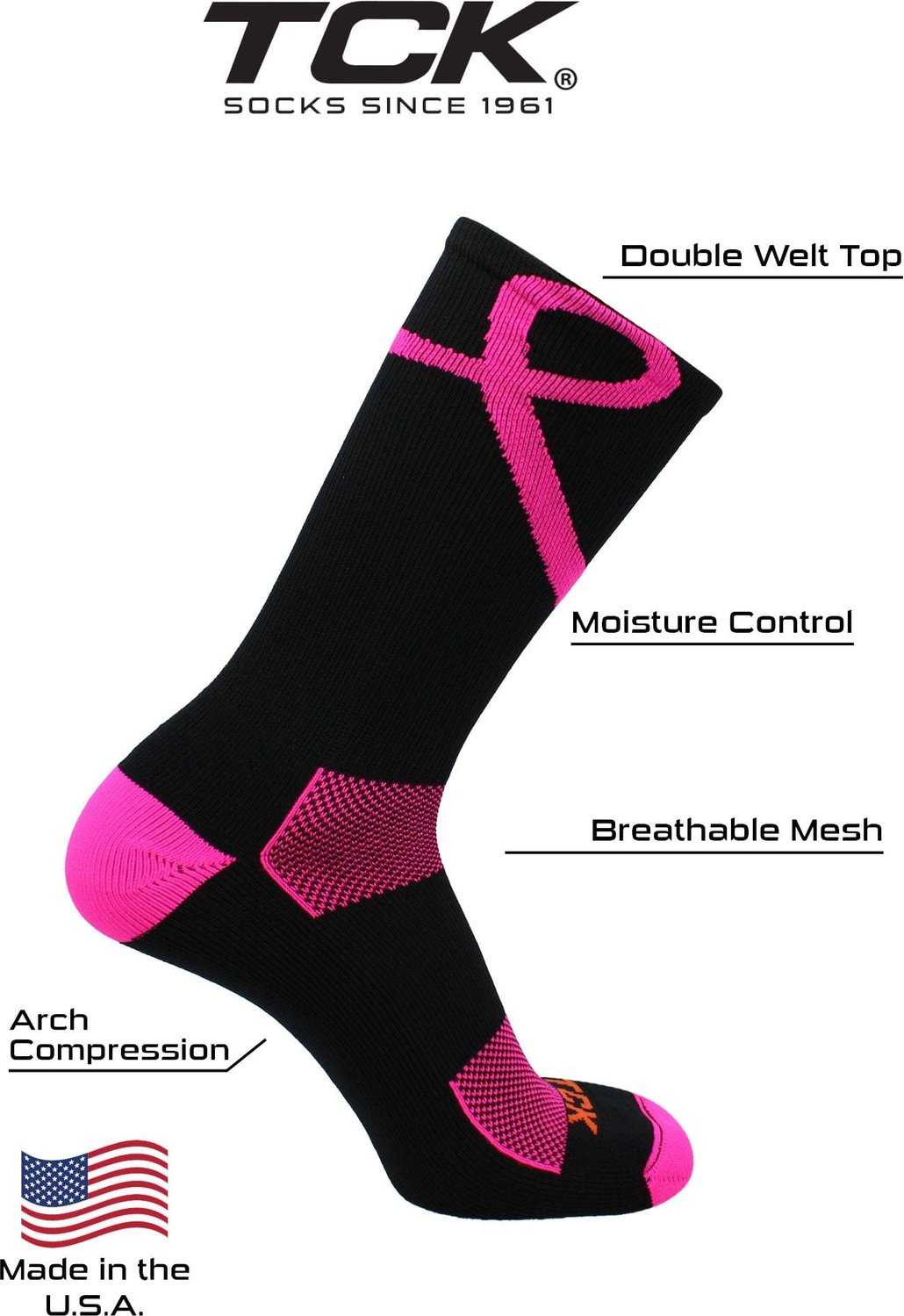 TCK Fastline Aware Breast Cancer Ribbon Crew Socks - Hot Pink - HIT a Double