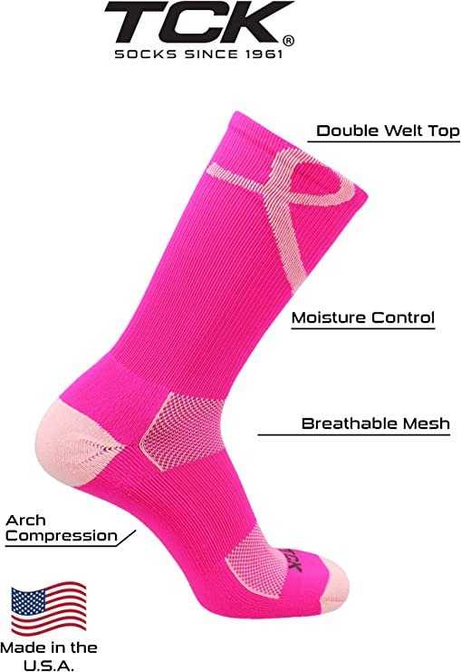 TCK Aware Breast Cancer Ribbon Crew Socks - White Pink - HIT a Double
