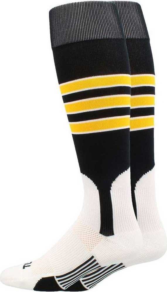 TCK Dugout Knee High Stirrup Socks - Black White Gold - HIT a Double