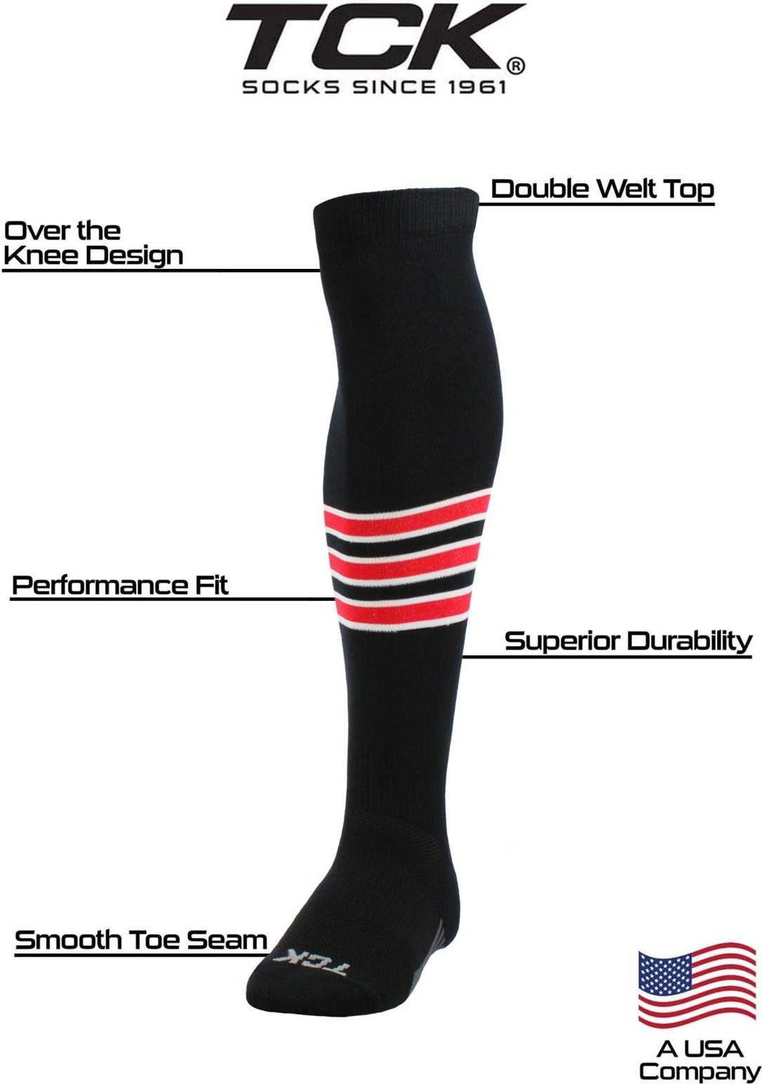 TCK Dugout Striped Over the Knee Baseball Socks - Black White Scarlet