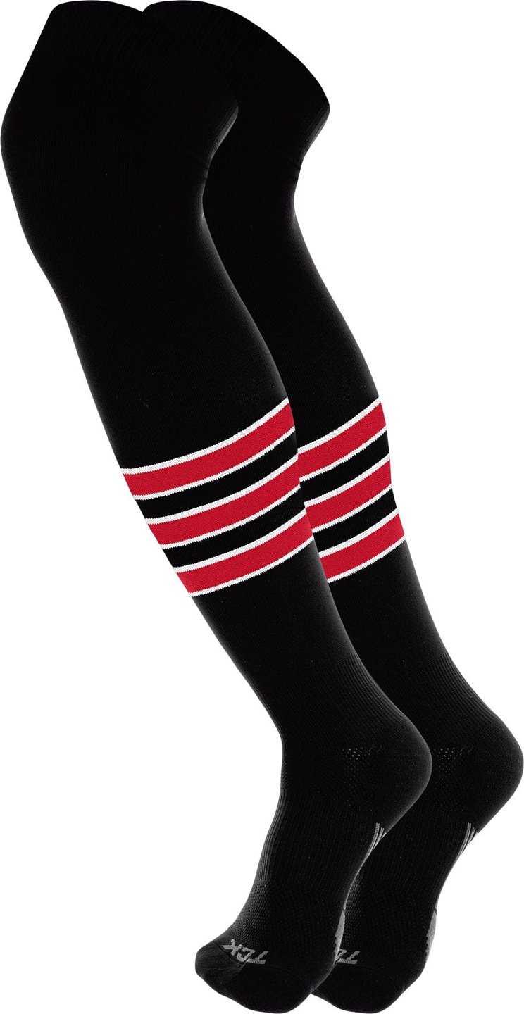 TCK Dugout Striped Over the Knee Baseball Socks - Black White Scarlet - HIT a Double