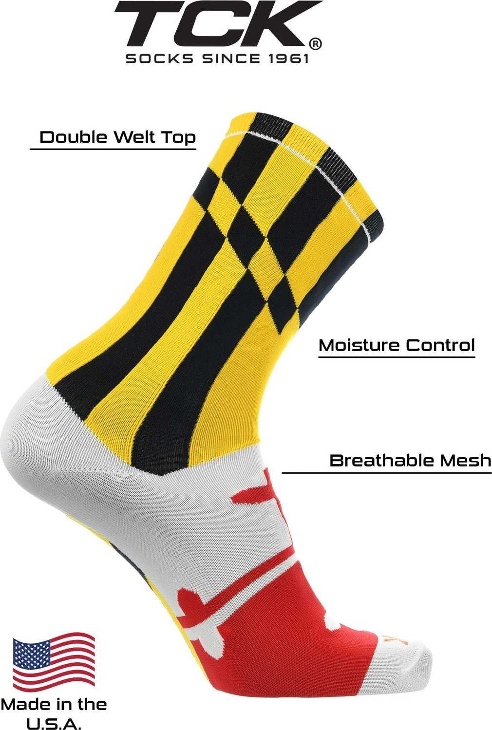 TCK Flag Maryland v3 Crew Socks - Black Gold White Scarlet - HIT a Double