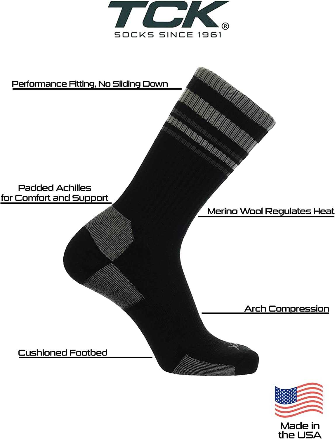TCK Merino Wool Crew Socks - Black Gray Graphite Stripe