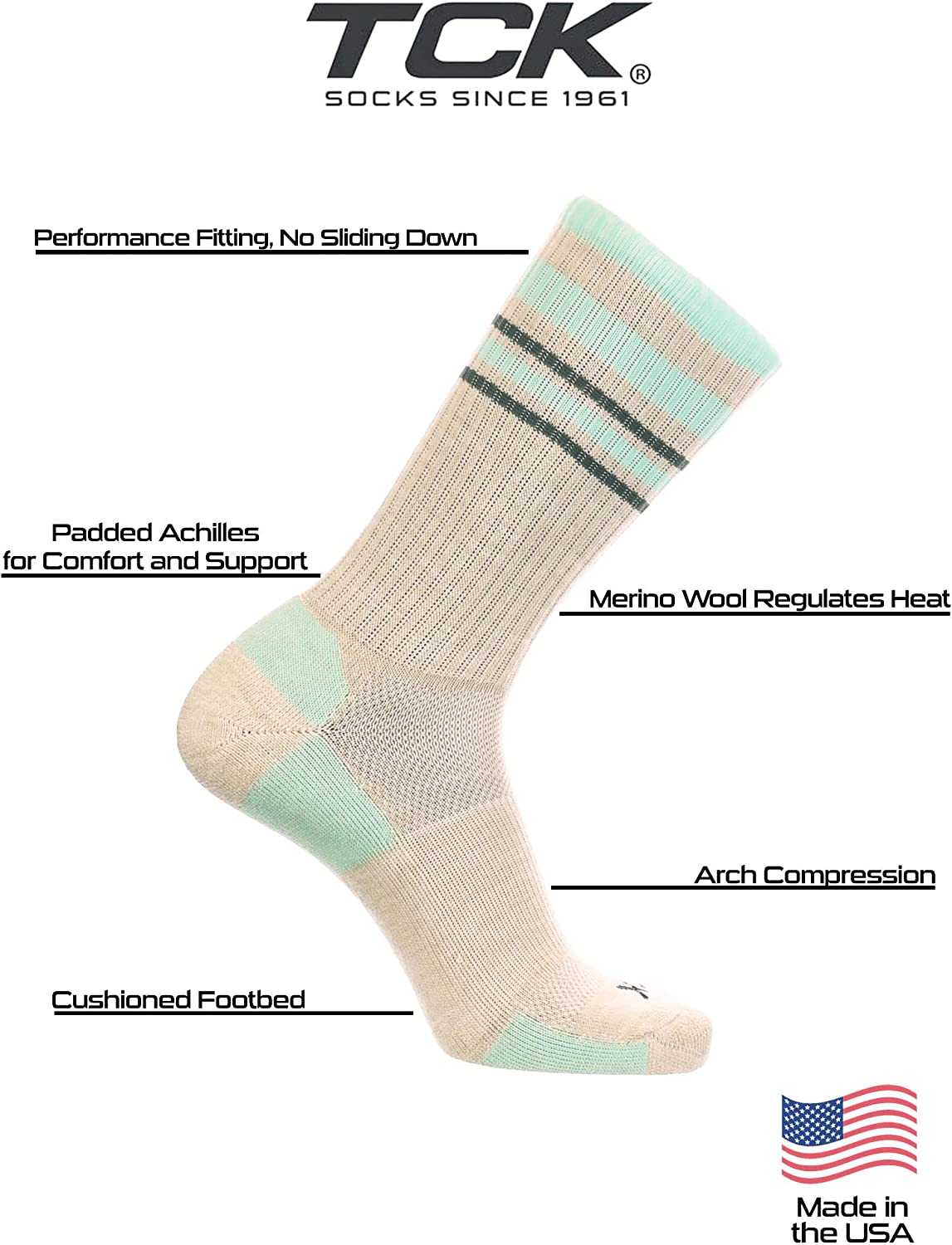 TCK Merino Wool Crew Socks - Oatmeal Mint Graphite