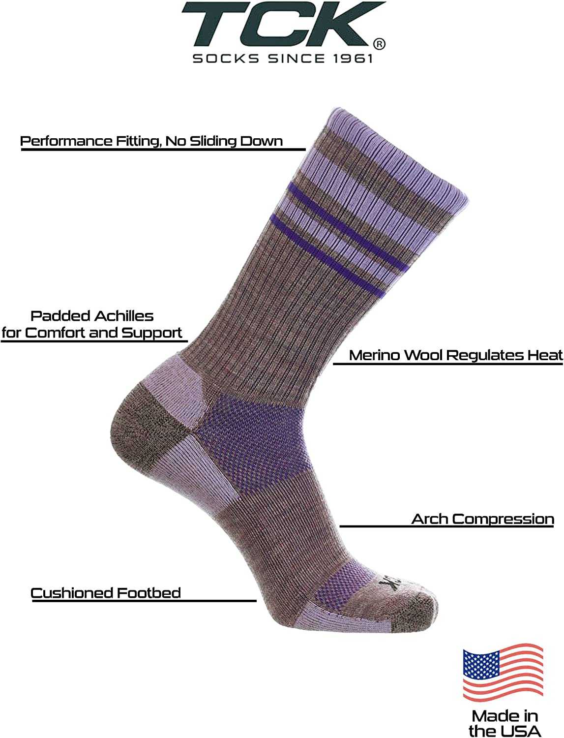 TCK Merino Wool Crew Socks - Plum Lavender Purple Stripe