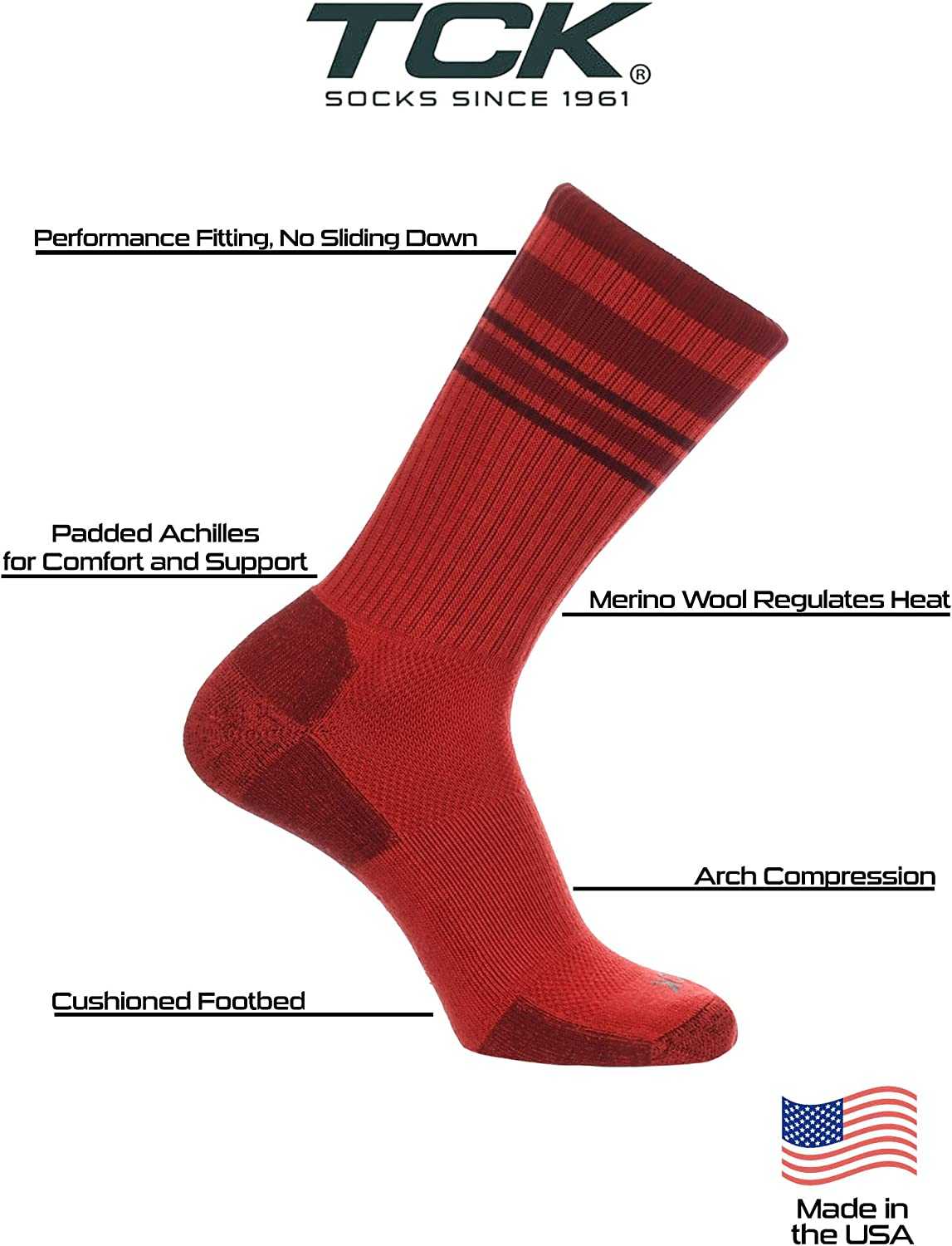 TCK Merino Wool Crew Socks - Red Cardinal Maroon Stripe